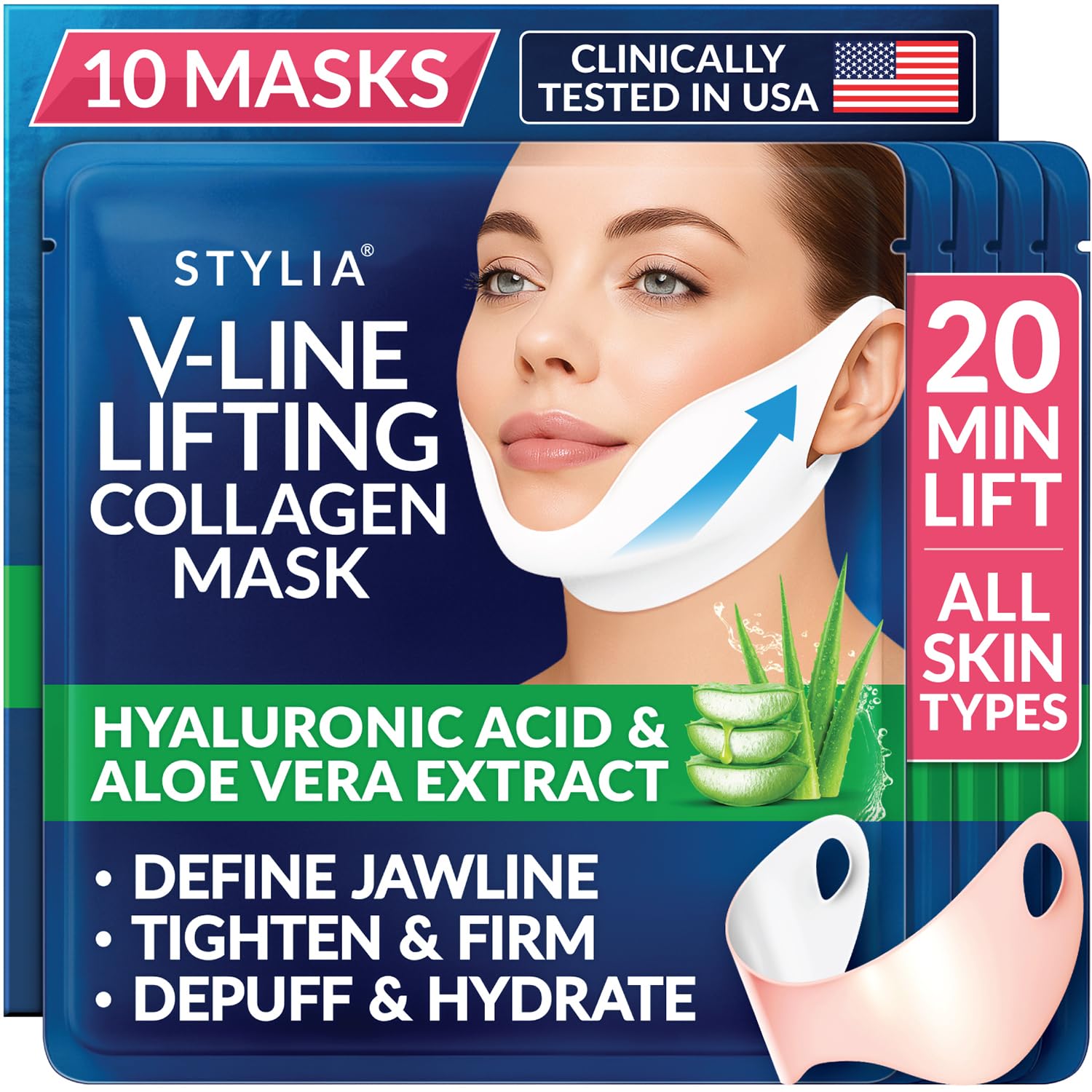 Stylia V Line Lifting Collagen Mask - Lift, Firm & Contour Jawline - Double Chin Reducer Strap with Hyaluronic Acid & Aloe - Neck Tightening and Lifting Mask - Jawline Shaper Face Lift Tape (10PC)