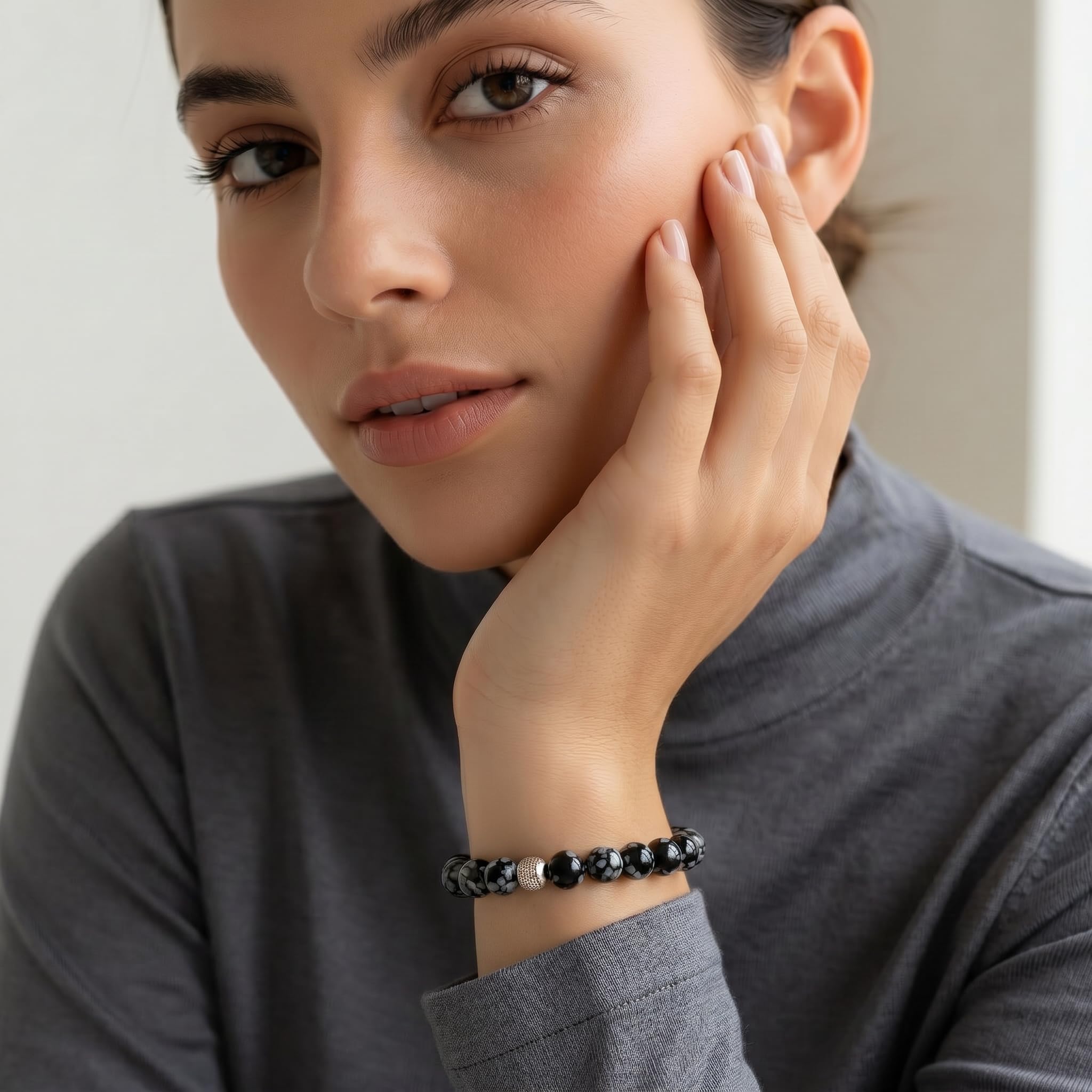 10:10 Bracciale con pietre naturali ossidiana da 6 mm, beads in acciaio inox, bracciale molto resistente prodotto in Italia