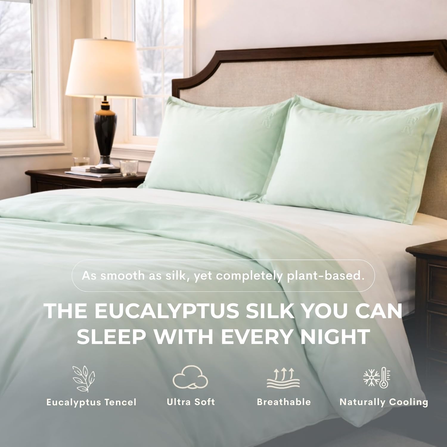 100% Eucalyptus Tencel Duvet Cover Queen, Luxury Cooling Comforter Cover Set 4 Corner Loops, 1 Oversized Hotel Duvet Cover, 2 Shams, Silky Soft, Lightweight (Sea Green, 3PC Queen) - Image 3