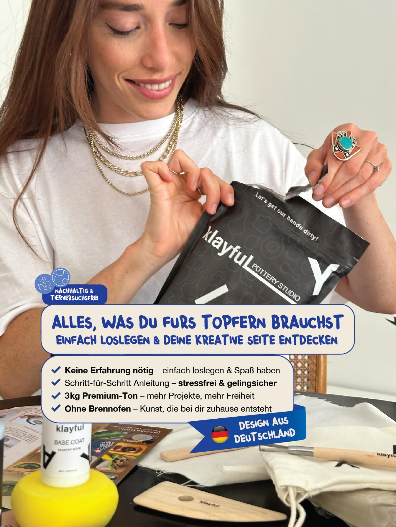 Klayful Töpferset Erwachsene | Keramik Bemalen Set | Lufttrocknender Ton | DIY Bastelset für Anfänger | Werkzeuge, Acrylfarben, Pinsel, Anleitung (Pastellfarben)