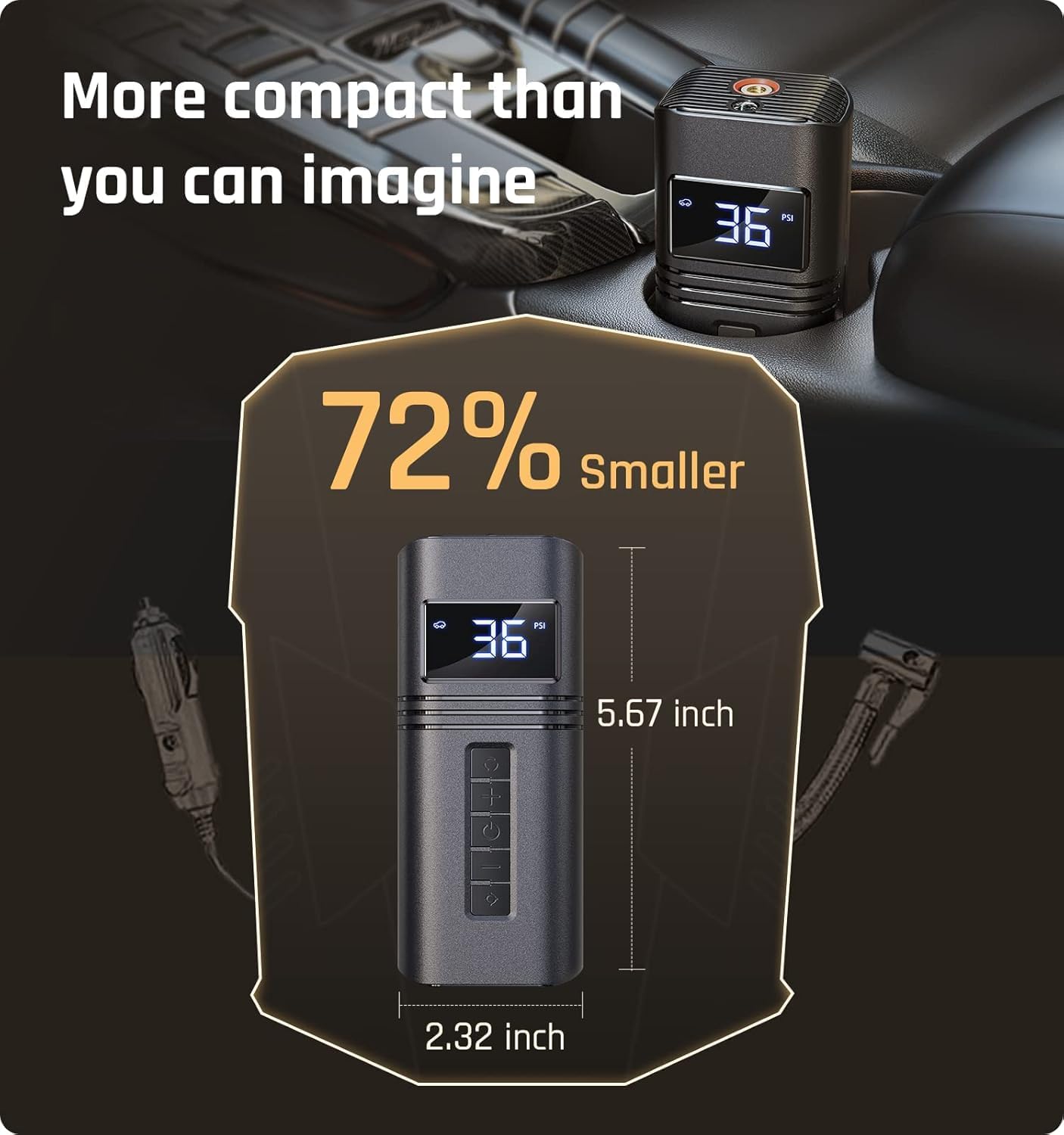 RYSEAB Portable Tire Inflator D26L compared to an iPhone 14 Pro Max for size reference