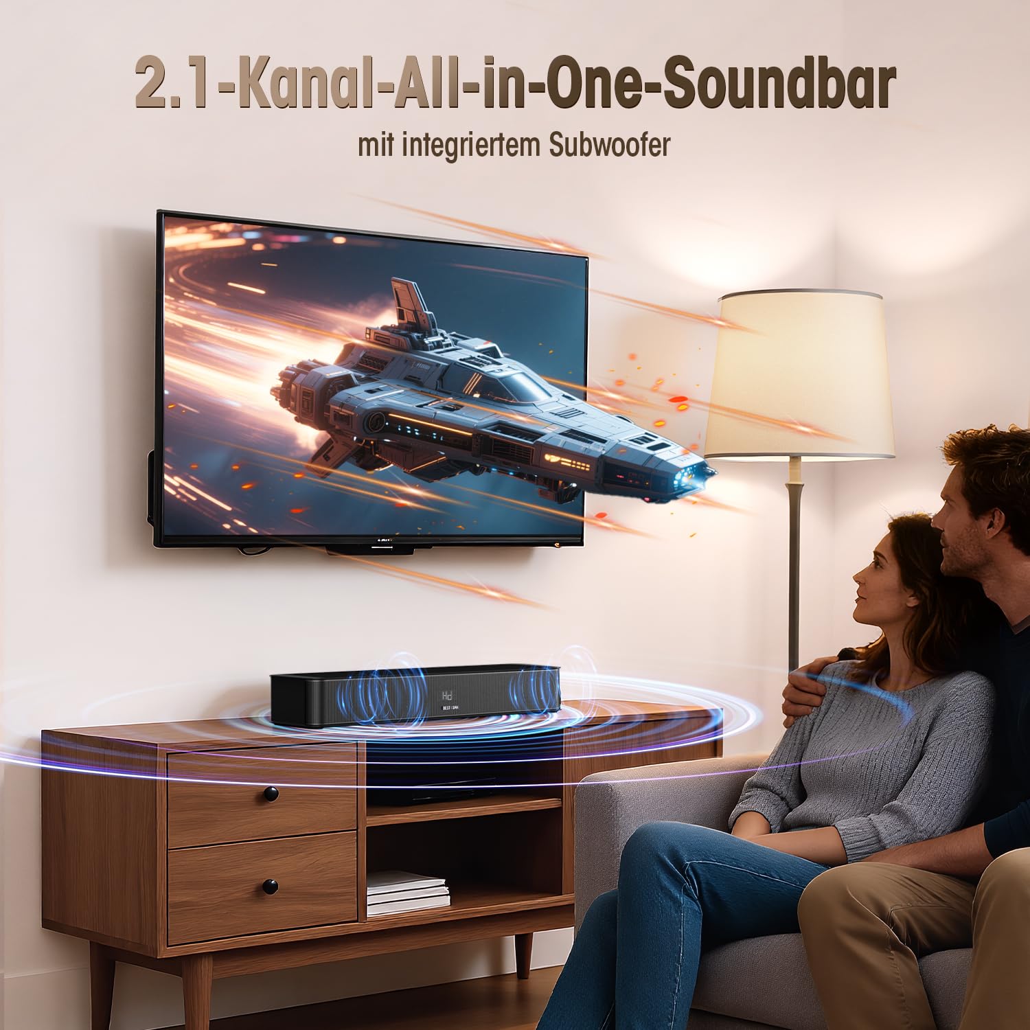 BESTISAN Soundbar für tv, 2.1 Soundbar mit HDMI eARC, AUX, optischem Eingang, USB-Wiedergabe für PC/Gaming/Projektoren, 16,5 Zoll