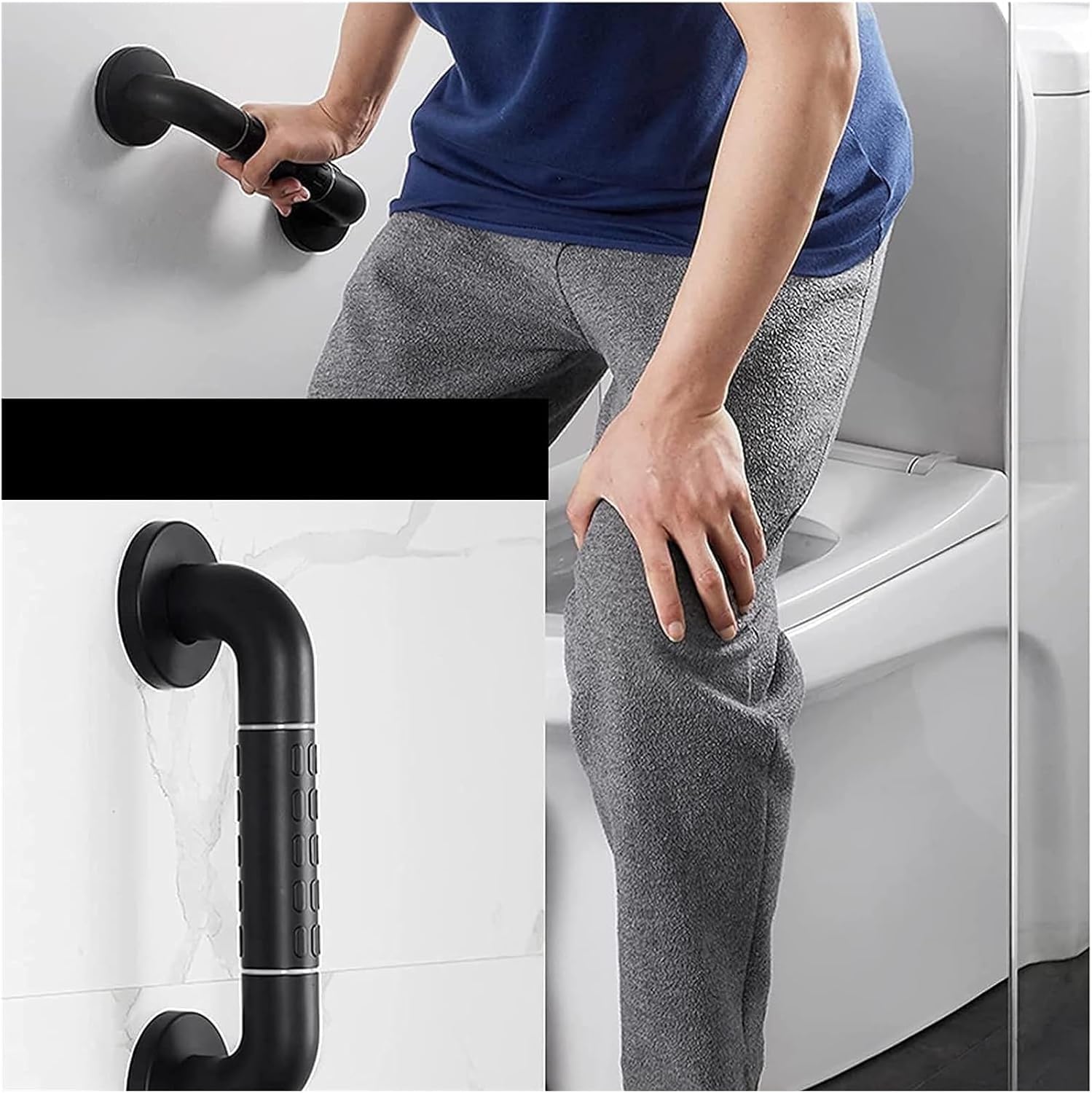 Maniglione di Sicurezza per Bagno in Acciaio Inox Nero, Antiscivolo, Senza Barriere architettoniche, ausilio per la deambulazione per disabili (38 cm)