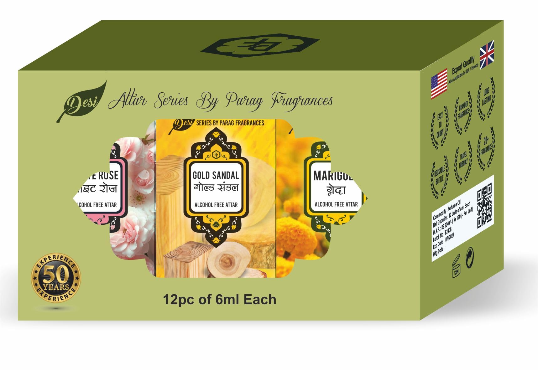 Parag Fragrances Desi Series Attars (12pc of 6ml / Wholesale Pack, Gold Sandal, White Rose, Chemeli, Bella, Kamal, Swarna Champa, Kewda, Rajnigandha, Raatrani, Kadamb, Heena, Genda) - Image 2 thumbnail