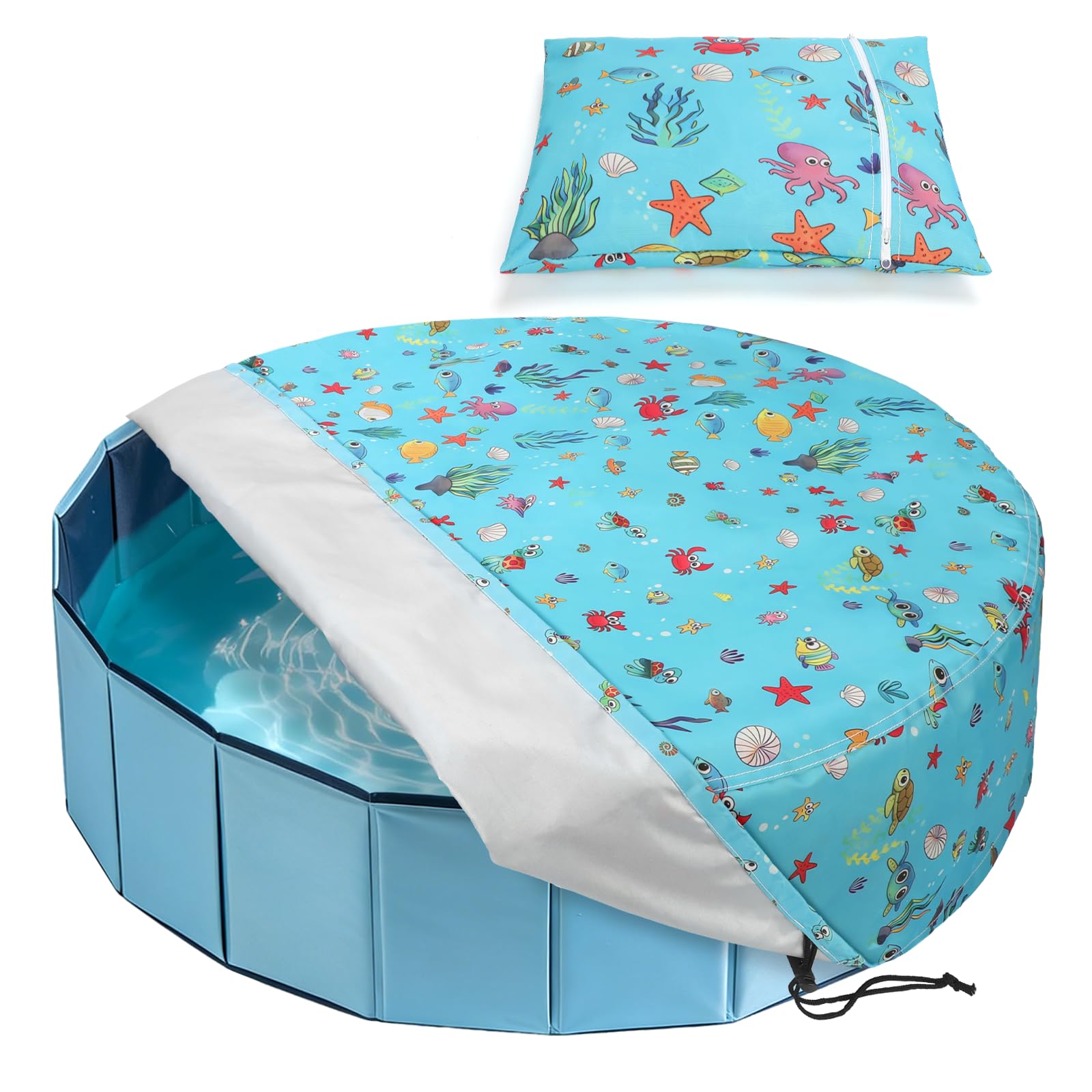 Rypet 48" Dog Pool Cover, Heavy Duty 210D Waterproof Pet Swimming Pool Cover for Outdoor Kiddie Pools & Sandboxes, All-Weather Protective Lid with Adjustable Drawstring & Storage Bag, Round