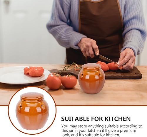 Miniatura 3 de Vaguelly Contenedor de cereales de cerámica de 1 litro, recipiente de fermentación Kimchi con tapa hermética, tarro de vino para preparar, tarro de