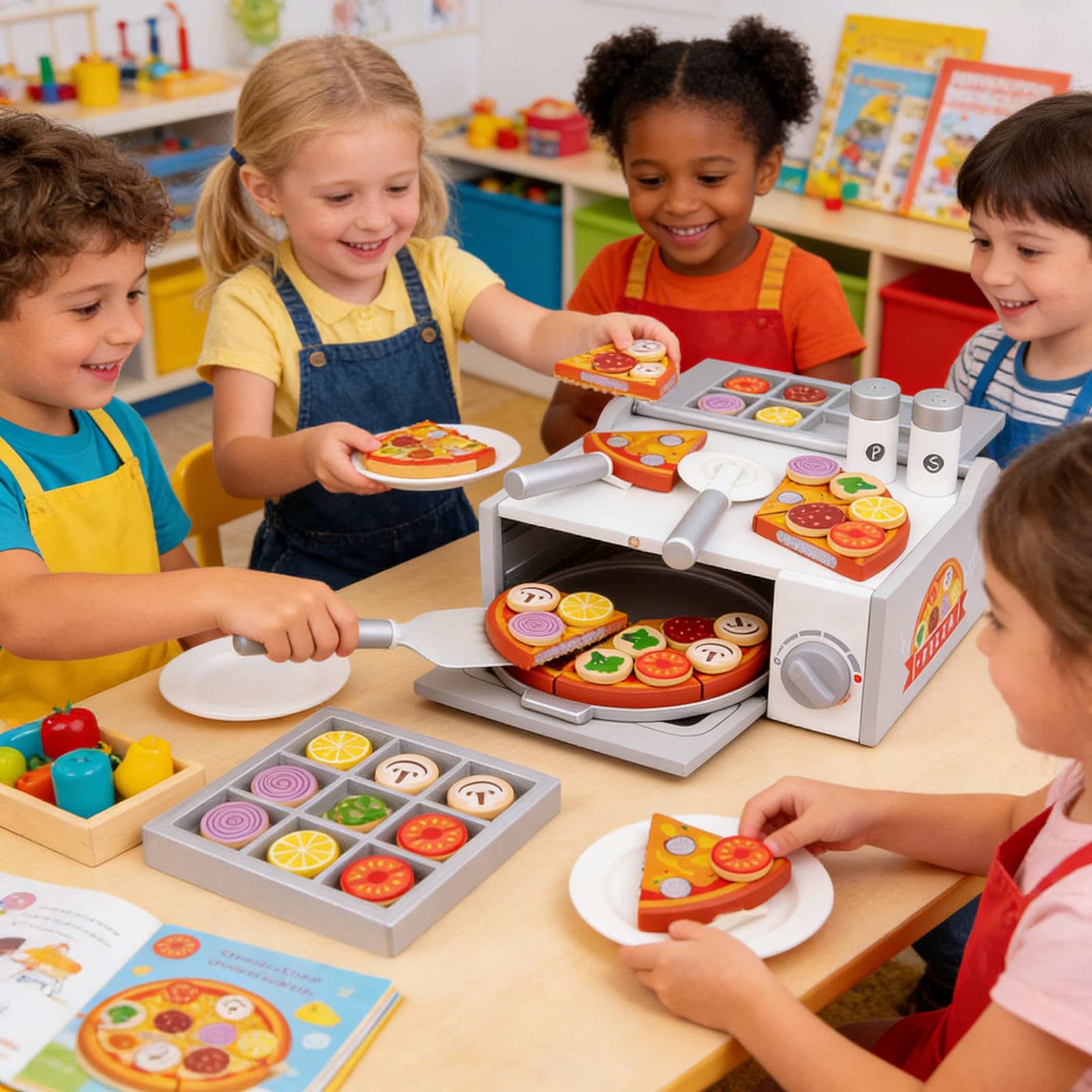 Forno per Pizza Giocattolo in Legno Attività di di Ruolo Prescolastico con | Alimenti Finti per Cucina dei Bambini Per Bambini e Bambine 3 Anni Ideale per Feste di