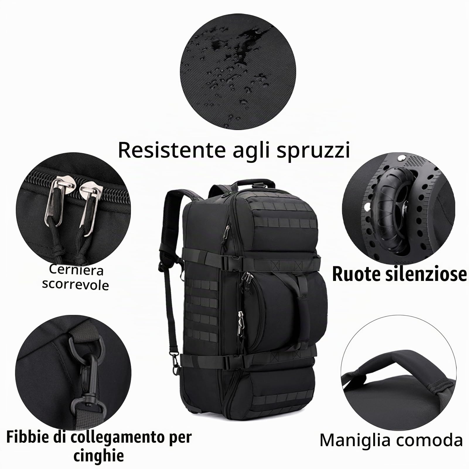 Borsone Da Viaggio Con Ruote 80L Grande Borsa Da Sportiva Impermeabile Pieghevole Extra Large Borsone Trolley Unisex Weekender Trekking Palestra Viaggi Nuoto (Nero)