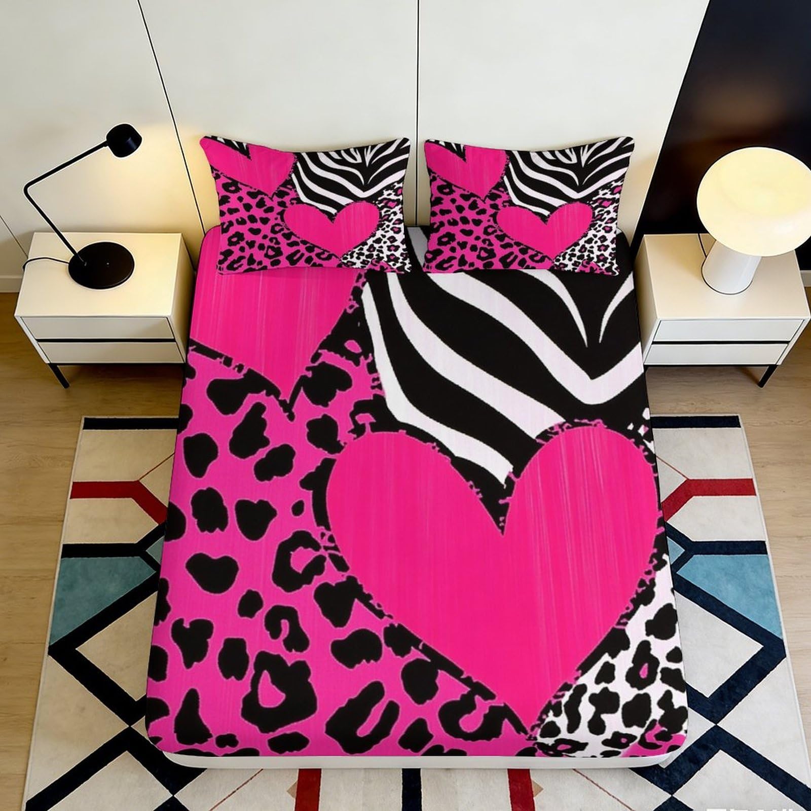 Kzqjxnhpcr Style-4 3D Printed Patchwork Heart Leopard Fitted Sheet Microfiber Deep Pocket Non-Slip Zebra Heart Mattress Fitted Cover Washable Bedding For Bedroom 90X200x25cm 90X200x25cm