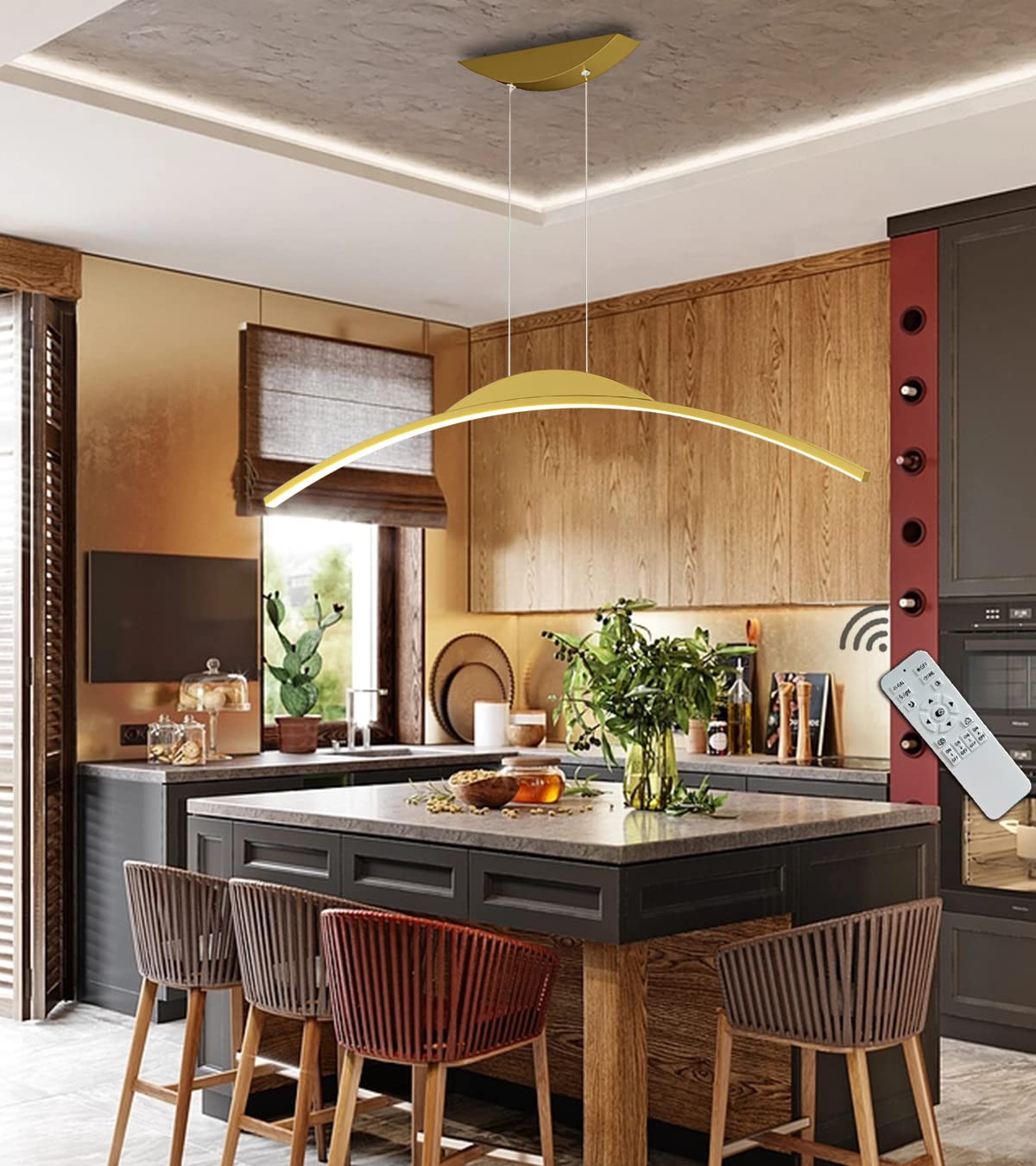 Modern LED Dining Room Pendant Lights Arc Dimmable Pendant Lights & Pendant Lamp Office Ceiling Chandelier Dining Table Lamp Height Adjustable for Living Room Bedroom Hanging Lamp (Gold, L150cm/70W)