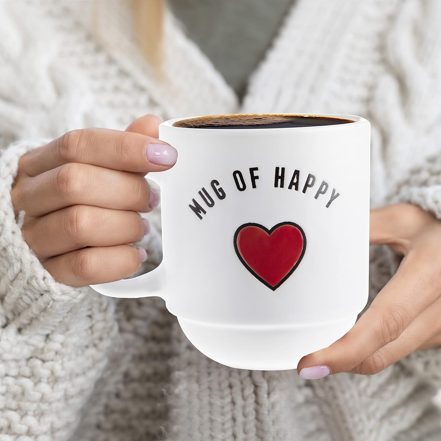 Sheffield Home Set of 4 Stackable Stoneware Mugs with a Metal Rack for Storage, Large Cups for Tea, Mugs for Latte, and Hot Chocolate (Heart Sentiments)