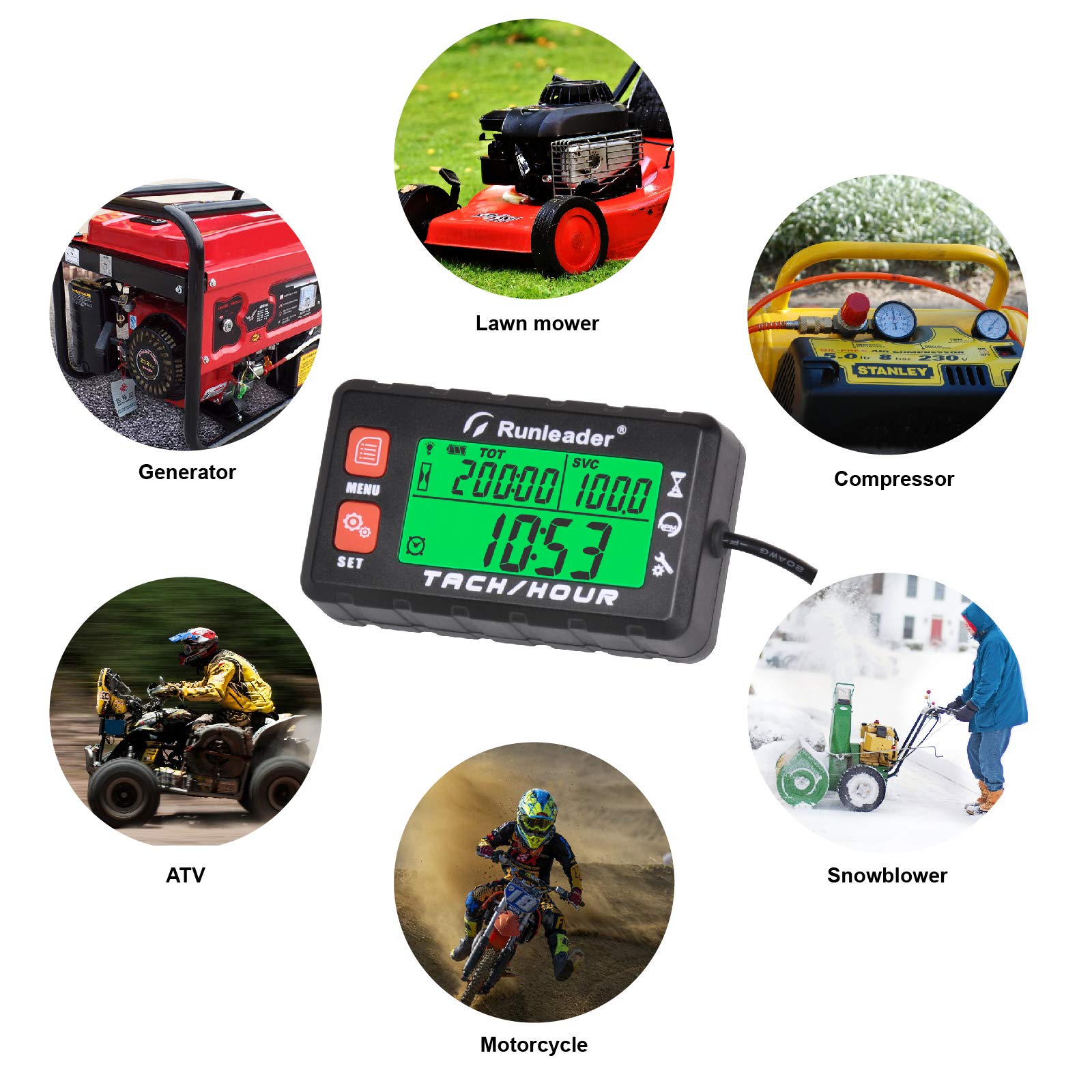 Runleader Horas de mantenimiento digital Tacómetro, reloj y pantalla de retroiluminación, batería reemplazable para tractor de jardín, compresor, soplador de hojas, jetski, ATV, motor(058B, RD)