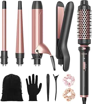 Wavytalk 5 in 1 Curling Iron Set with Thermal Brush and 4 Interchangeable Ceramic Curling Wands (0.5'-1.25'), Instant Heat Up Hair Curling Iron, Rose Gold
