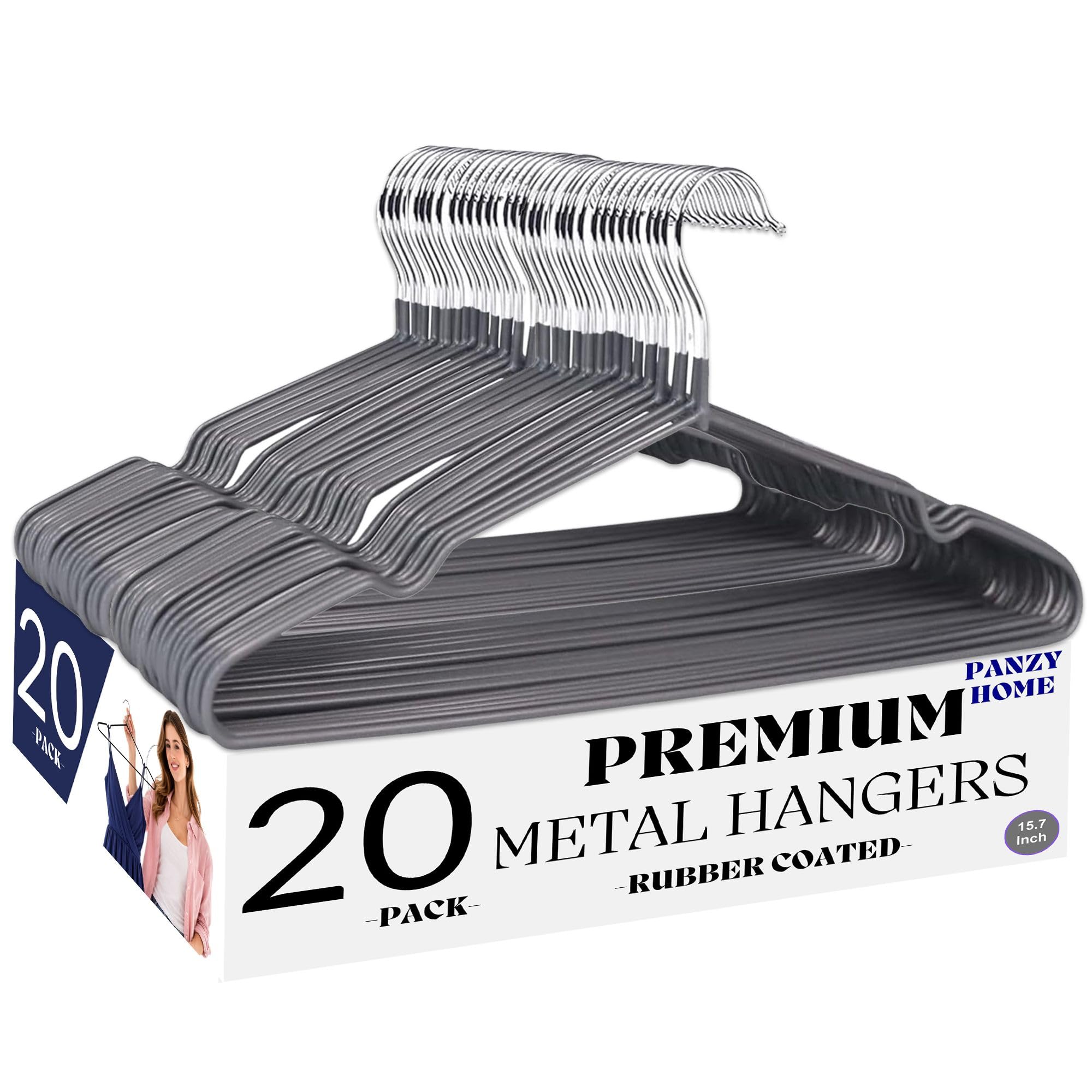 Panzy Home 20 Pack Premium Rubber Coated Grey Metal Hangers - Heavy Duty Strong Clothes Space Saving Organiser Hangers For Wardrobes, Coat Rack, Rails & Closet (20, Grey)