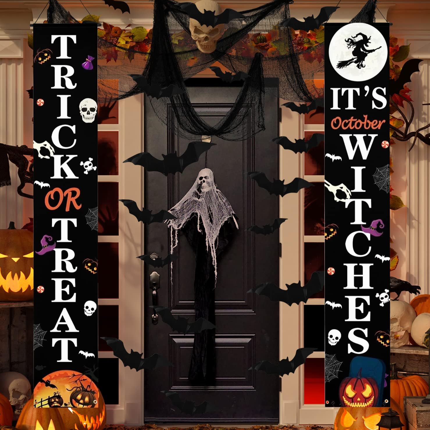 21 Pcs Halloween Decorations Outdoor Set - 3 Pcs Creepy Cloth, 16 Pcs 3D Bats Halloween Wall Stickers, 2 Pcs Trick or Treat & It's October Witches Front Porch Banners for Halloween Porch Decor