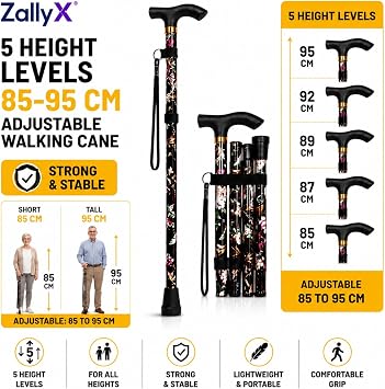 Foldable Walking Sticks for Men & Women, Adjustable height (85–95cm) Ladies Walking Stick, Mobility aids, Collapsible walking stick For Elderly Adults