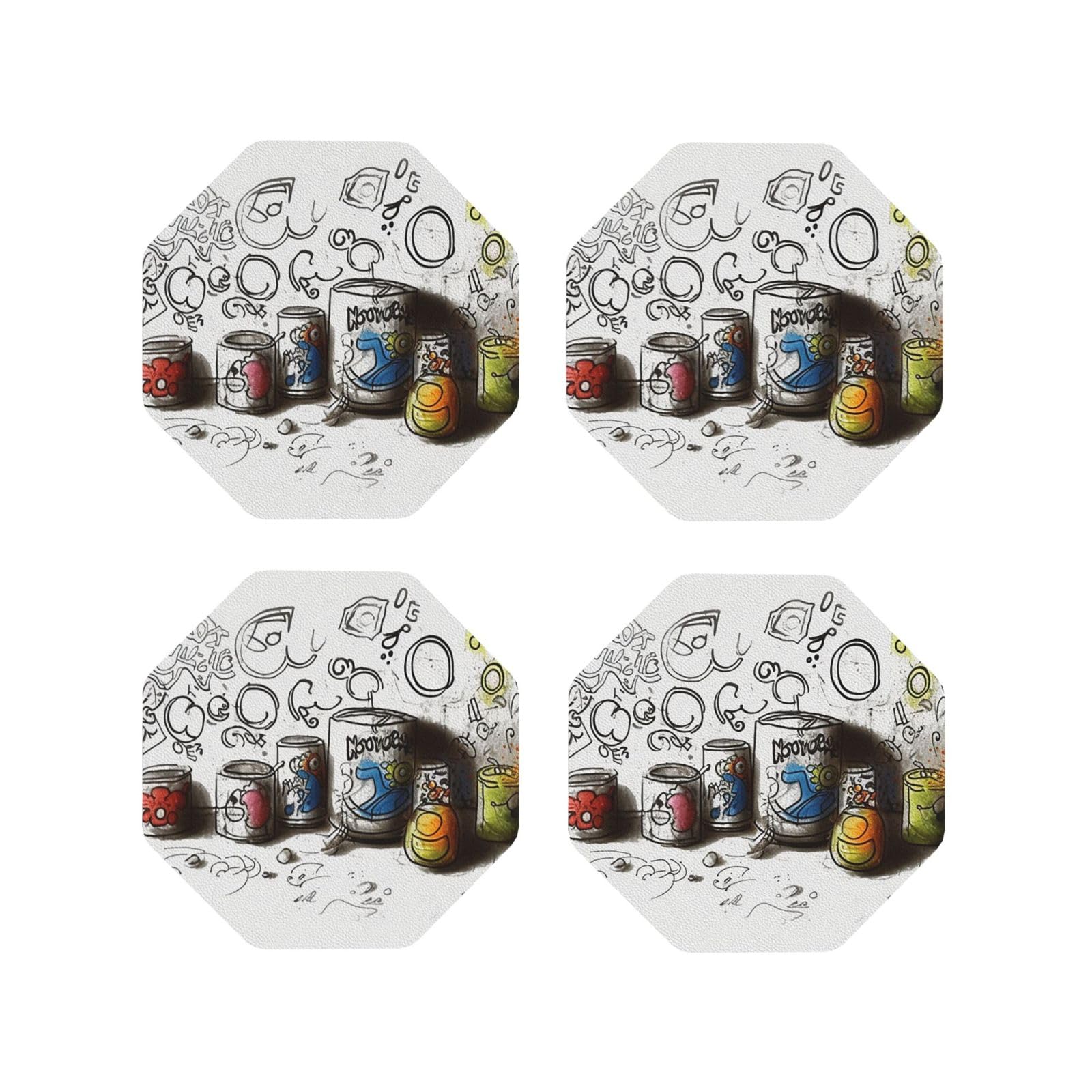 4pcs Drink Coasters for Tabletop Protection, 4" Leather Coasters for Drinks, Graffiti On Various Objects Cup Coasters for Coffee Table Decor, Non-Slip Drinking Cup Mat for Hot Or Cold Drink