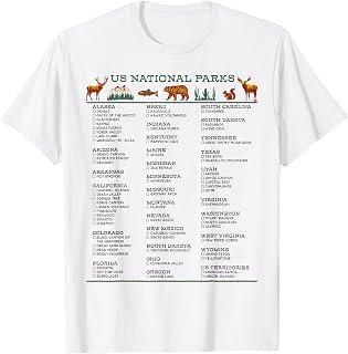 US National Parks List by State Check Off Checklist Souvenir T-Shirt