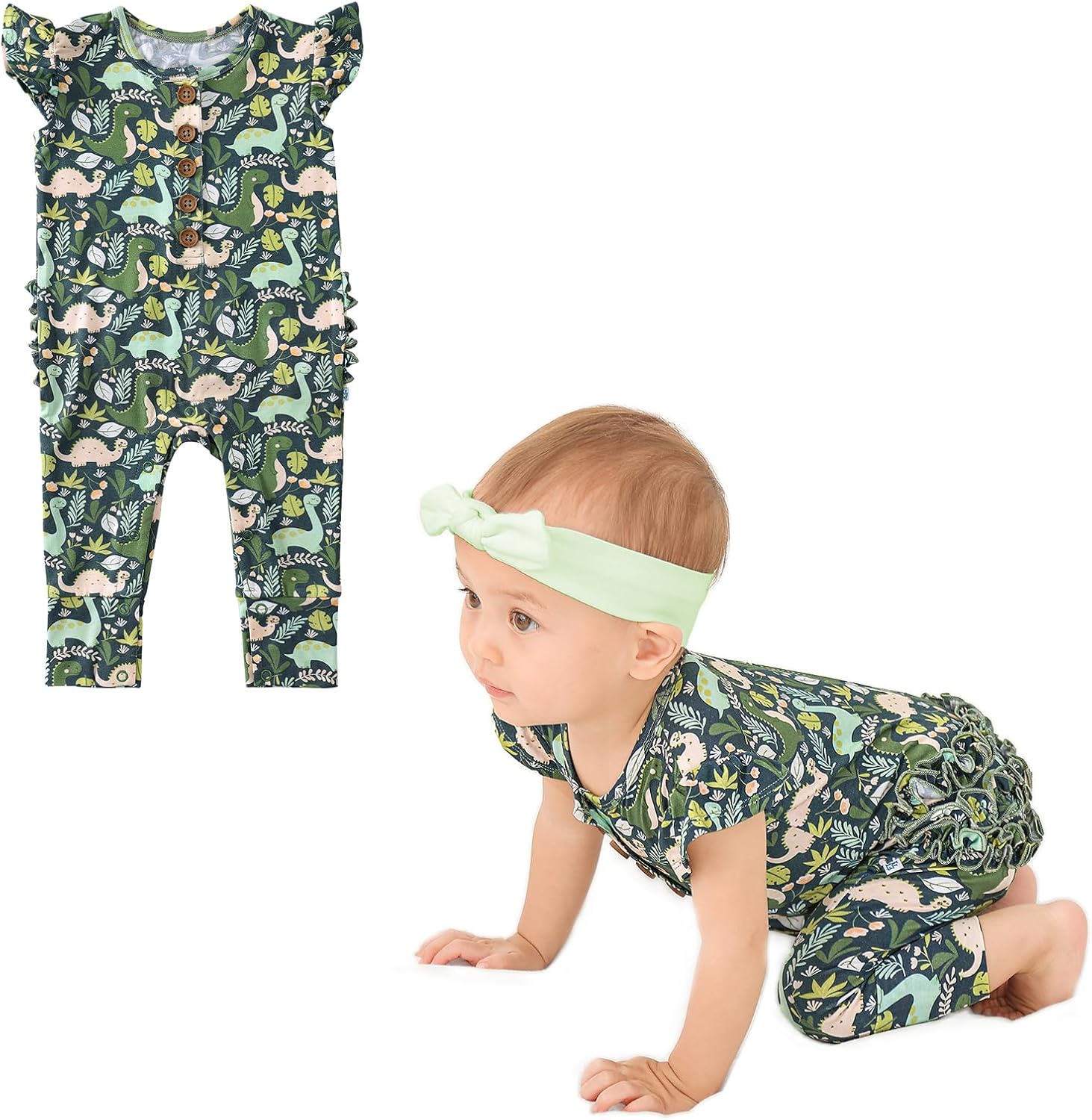 Baby Newborn Ruffled Cap Sleeve Button Snap One-Piece Baby Clothes fFootless Ultra Soft Rompers 0-36 Months
