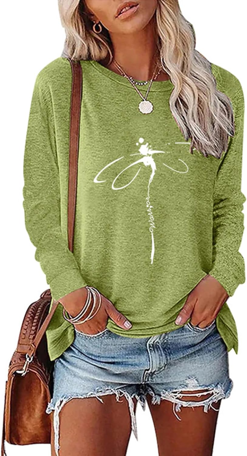 BAOKUAN Women's Dragonfly Trendy Graphic Long Sleeve Shirts Basic Tee Fall Winter Loose Cozy Cute Pullover Tops
