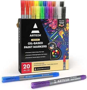 ARTEZA Oil Based Paint Markers, 20-Pack, 18 Unique Colors, 1.3 mm Line, Small Barrel, Permanent Pens, Art Supplies for Stone, Wood, Glass, Canvas