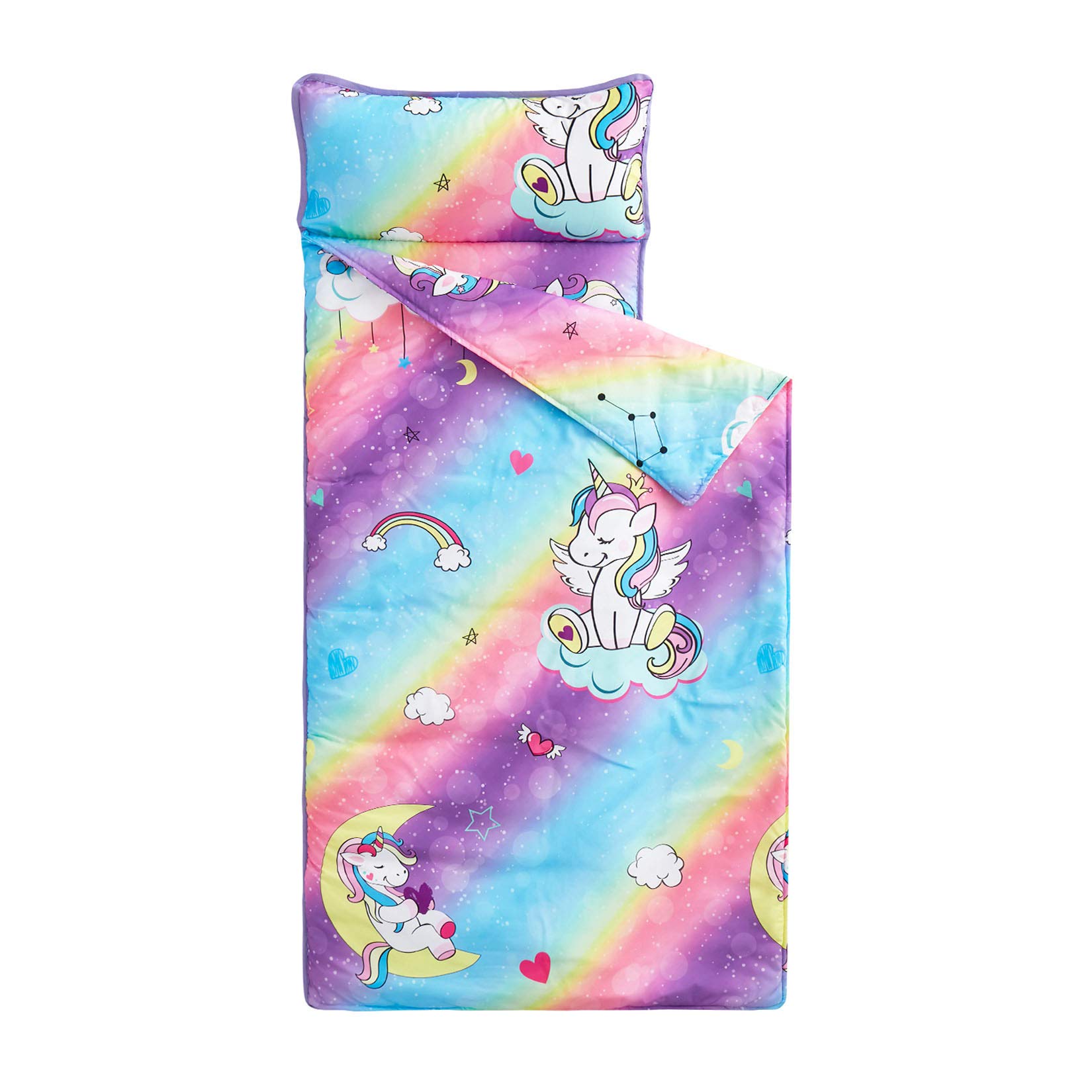 Wake In Cloud - Unicorn Nap Mat, with Removable Pillow for Kids Toddler Boys Girls Daycare Preschool Kindergarten Sleeping Bag, Colorful Unicorns Rainbow, 100% Microfiber (50"x20")