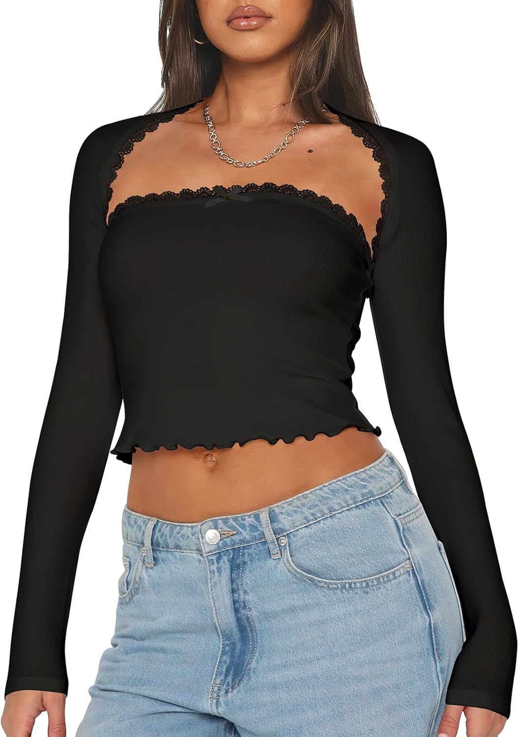 Women's 2 Piece Lace Long Sleeve Tops Cute Ribbed Knit Bow Knot Lace Tube Top Sexy Slim Fit T Shirts