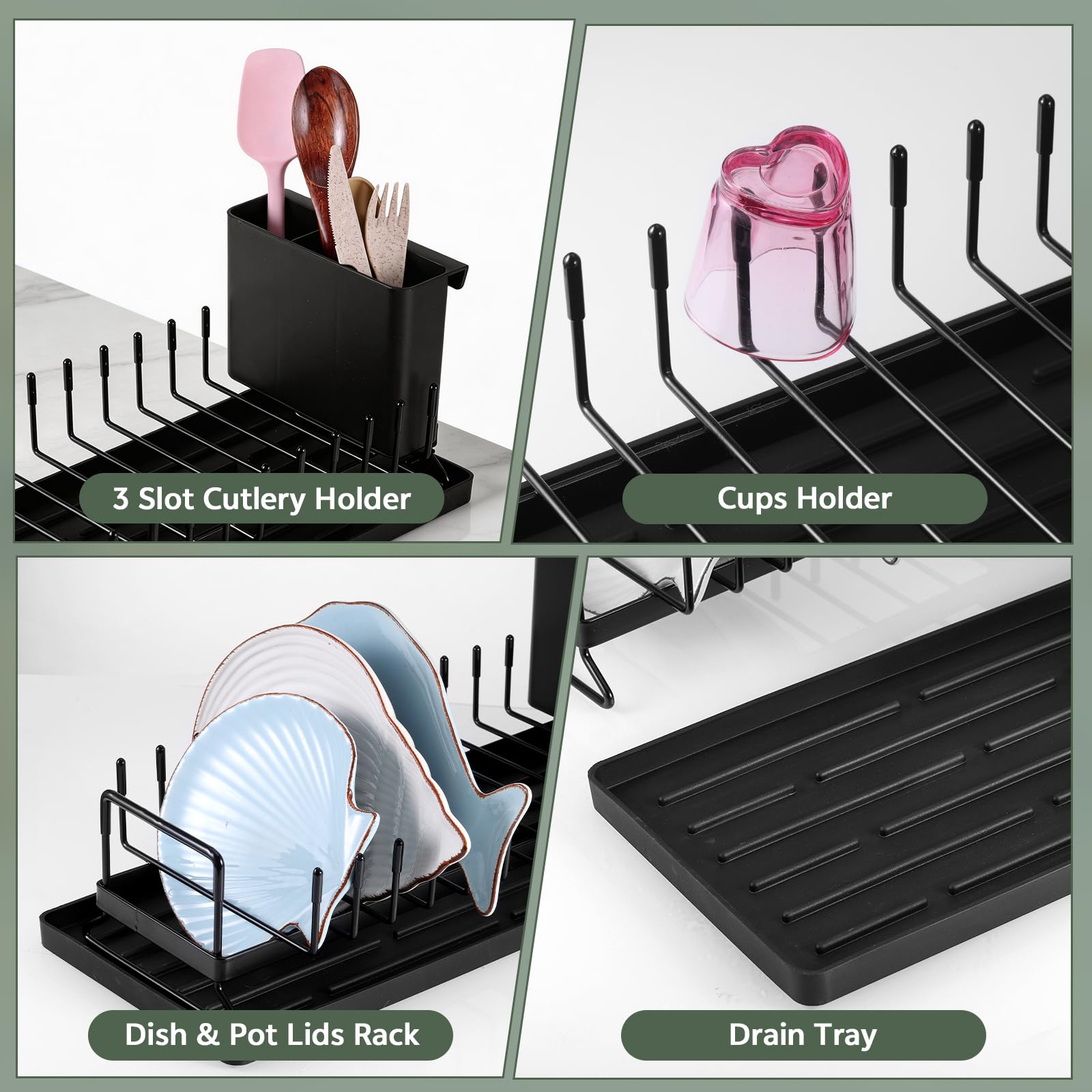 Zocipro Scolapiatti da Appoggio Compatto in Acciaio Inox con Tappetino in Silicone e Portaposate – Salvaspazio per Cucine Piccole, Monolocali, Case e Camper - Nero