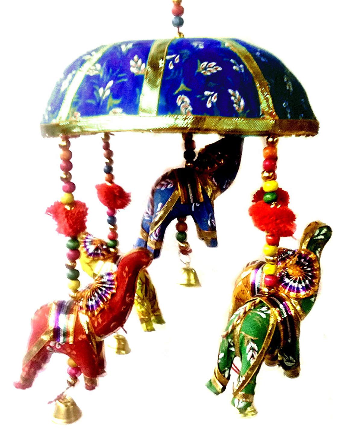 Indian Traditional Elephant Blue Umbrella Hanging Layer Of Five Elephant Door Hanging, Decorative Hanging