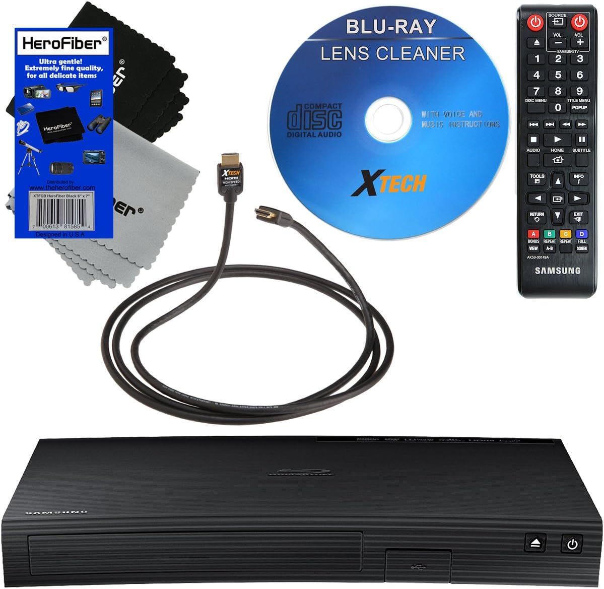 Samsung BD-J5100 Curved Disk Blu-ray Player + Remote Control + Xtech Blu-Ray Disc Laser Lens Cleaner + Xtech High-Speed HDMI Cable with Ethernet + 2 HeroFiber Ultra Gentle Cleaning Cloths