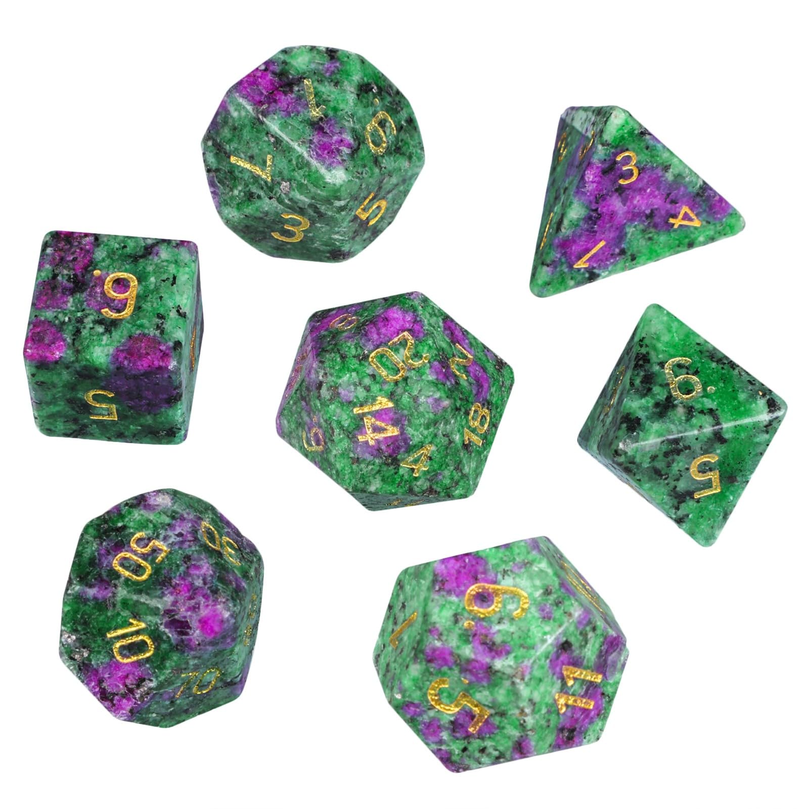 dssmboom Set of 7 Ruby in Fuchsite Stone DND Polyhedral Dices with Box for RPG MTG Table Games Healing Crystal Dices Set for Home Decor &Collection