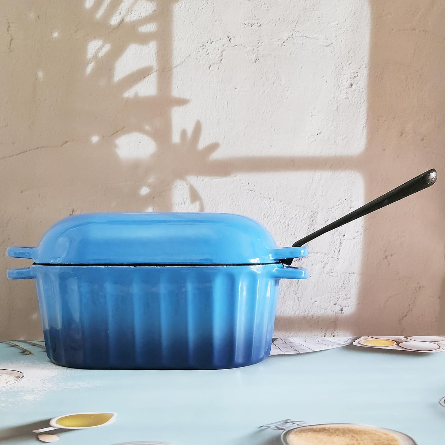Dutch Oven Enameled Cast Iron Bread Pan with Lid Sourdough Loaf Pans for Baking Bread Large Heavy Oval Bread Dutch Oven with Movable Handle 4 Qt Blue Dishwasher Safe - Image 2