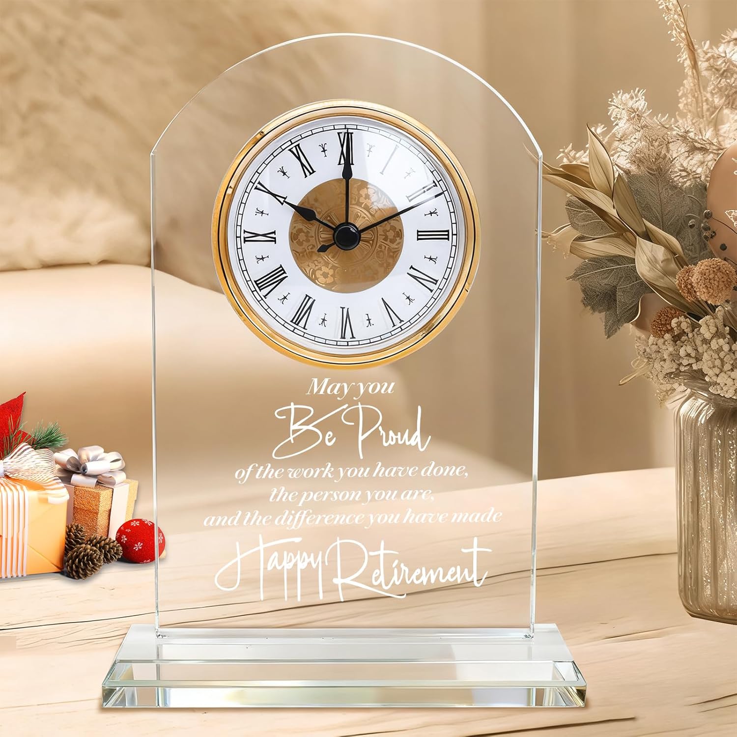 Happy Retirement Clock Gifts for Women & Men – Glass Desk Plaque with Quartz Clock, Retired Gifts for Bosses, Coworkers, Teachers, Parents and Friends, Farewell Gift for Office & Home Desk Decor