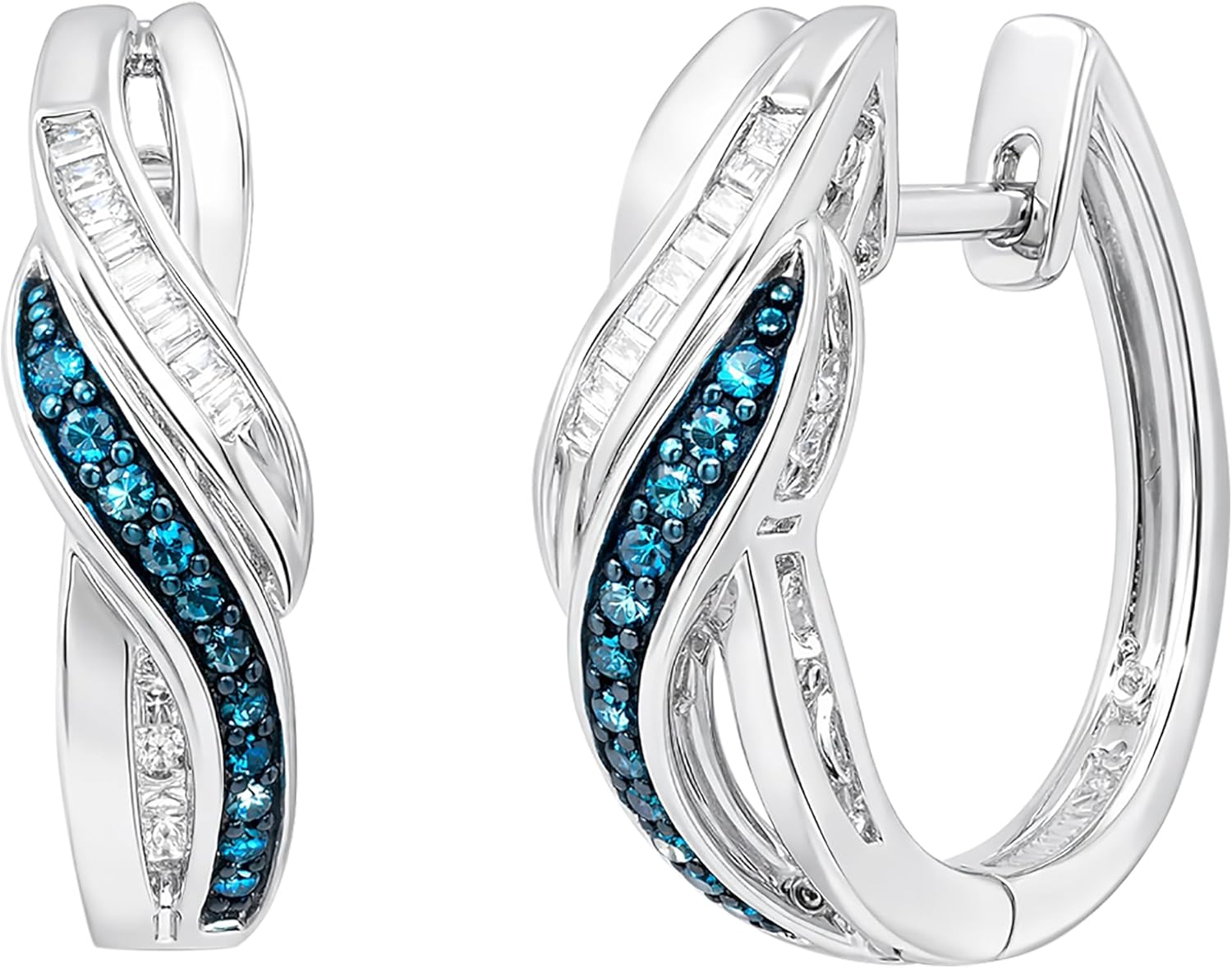 Dazzlingrock Collection Ladies Infinity Swirl Ribbon Huggies Hoops Earrings with Round Blue & Baguette White Diamond Accents, 925 Sterling Silver