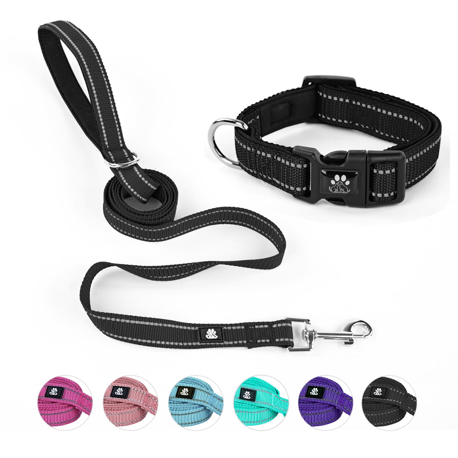 NESTROAD Reflective Dog Collar and Leash Set,Soft Neoprene Pet Collar with Quick Release Buckle,Adjustable Nylon Dog Collars for Small Medium Large Dogs(Medium Collar + 5FT Leash,Black) — image 1