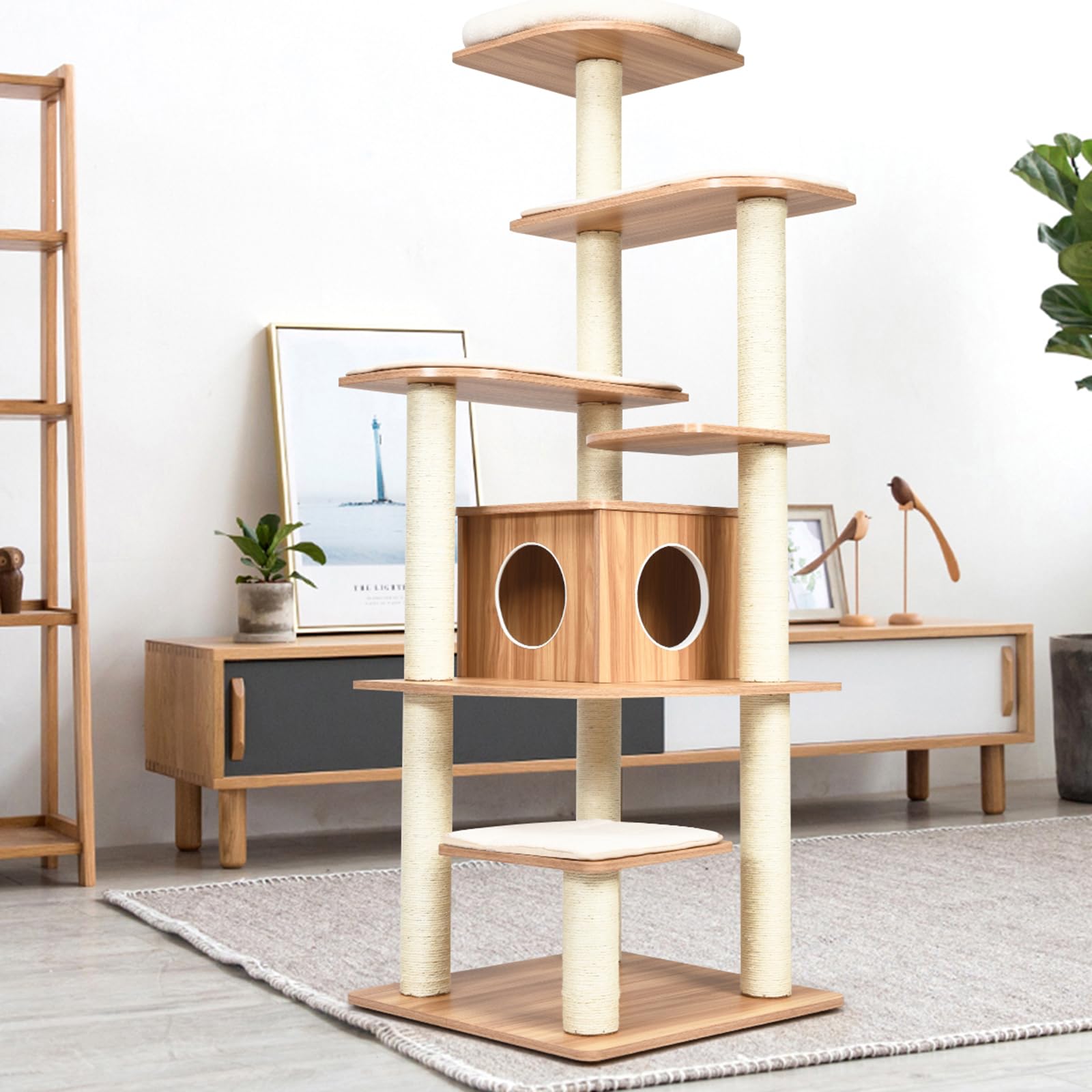 COSTWAY Tiragraffi per Gatti 176cm, Albero per Gatti Adulti XXL con Corda Sisal, Cuccia, Piattaforma e Cuscini, 86,5 x 86,5 x 176cm, Nero e Naturale