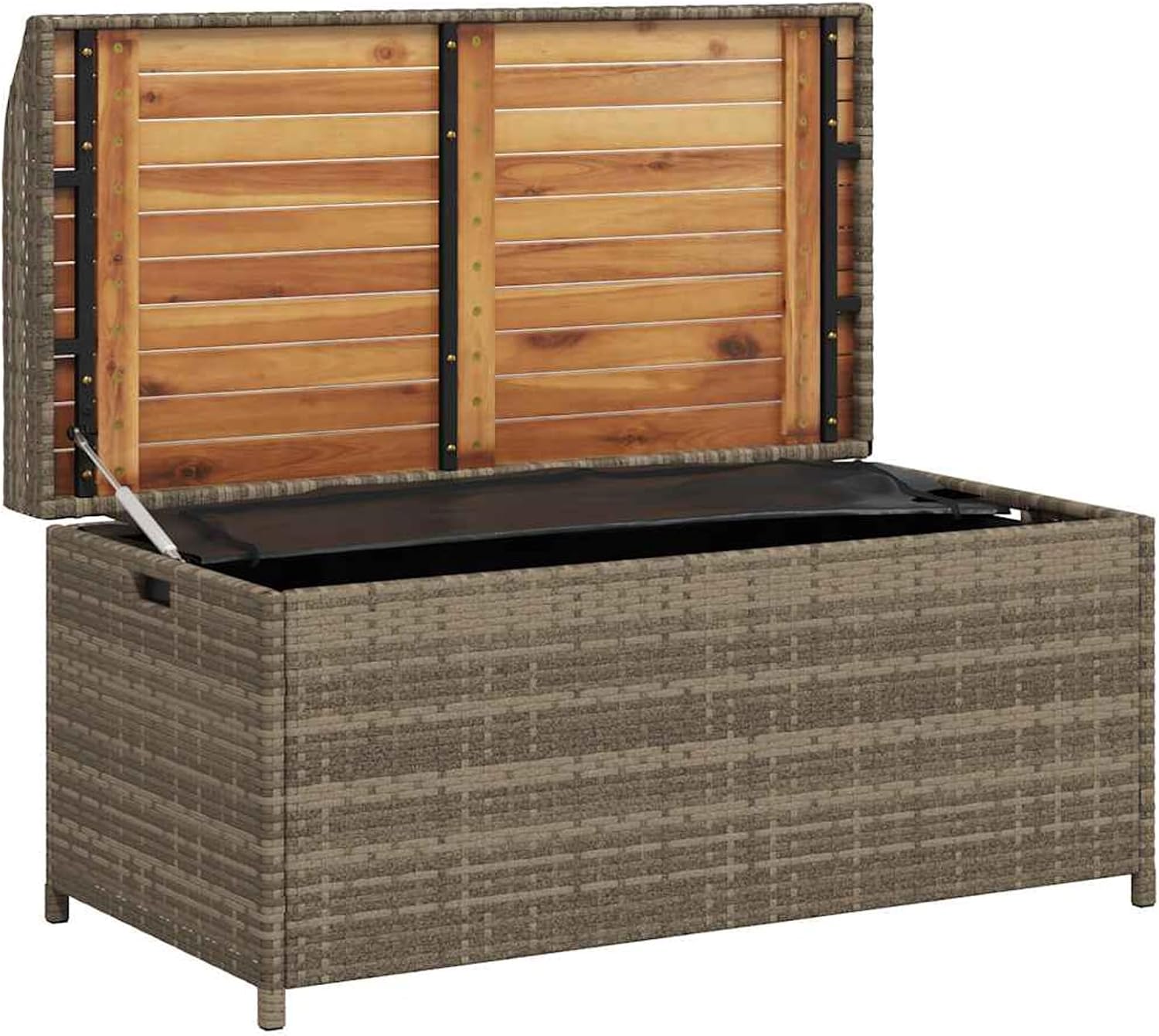 Gecheer Outdoor Storage Box, PE Rattan and Acacia Wood Bench with Water-Resistant Bag, UV Resistant, Gas Spring Lid, for Patio, Balcony, or Garden