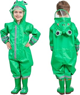 Kids Puddle Suit for Boys Girls All in One Waterproof Suit Rainsuit Hooded Raincoat Lightweight Rainwear Portable Breathable Easy to Dry PVC Transparent Hat Brim Unisex Muddy Suit 3-10 Years