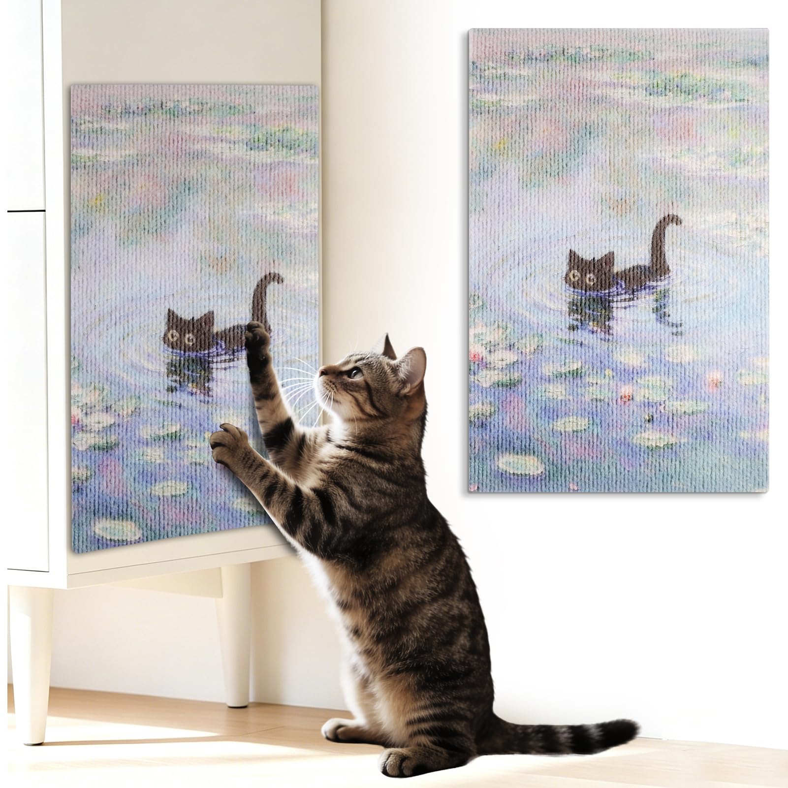 Photo 1 of **MISSING ADHESIVE***Angirlish Wall Art Cat Scratcher, 22x13 Inch Vertical Adhesive Cat Scratching Board, Felt Cats Scratch Pad Indoor Cats Toy Renter Friendly No-Drill to Protect Couch and Carpet(Water Lilies Cat)