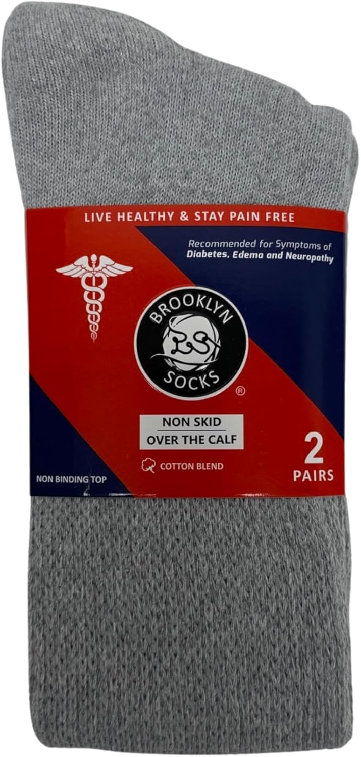 4 Pairs of Non-Skid Over-The-Calf Diabetic Cotton Socks with Non Binding Top (Gray, Fits US Men's Shoe size 9-12) - Image 6