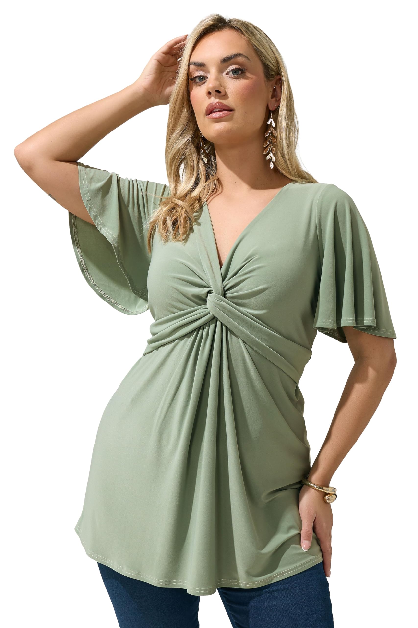 Yours Women's Light Green London Curve Sage Green Knot Detail Front Short Sleeve Top - Plus Size Curve