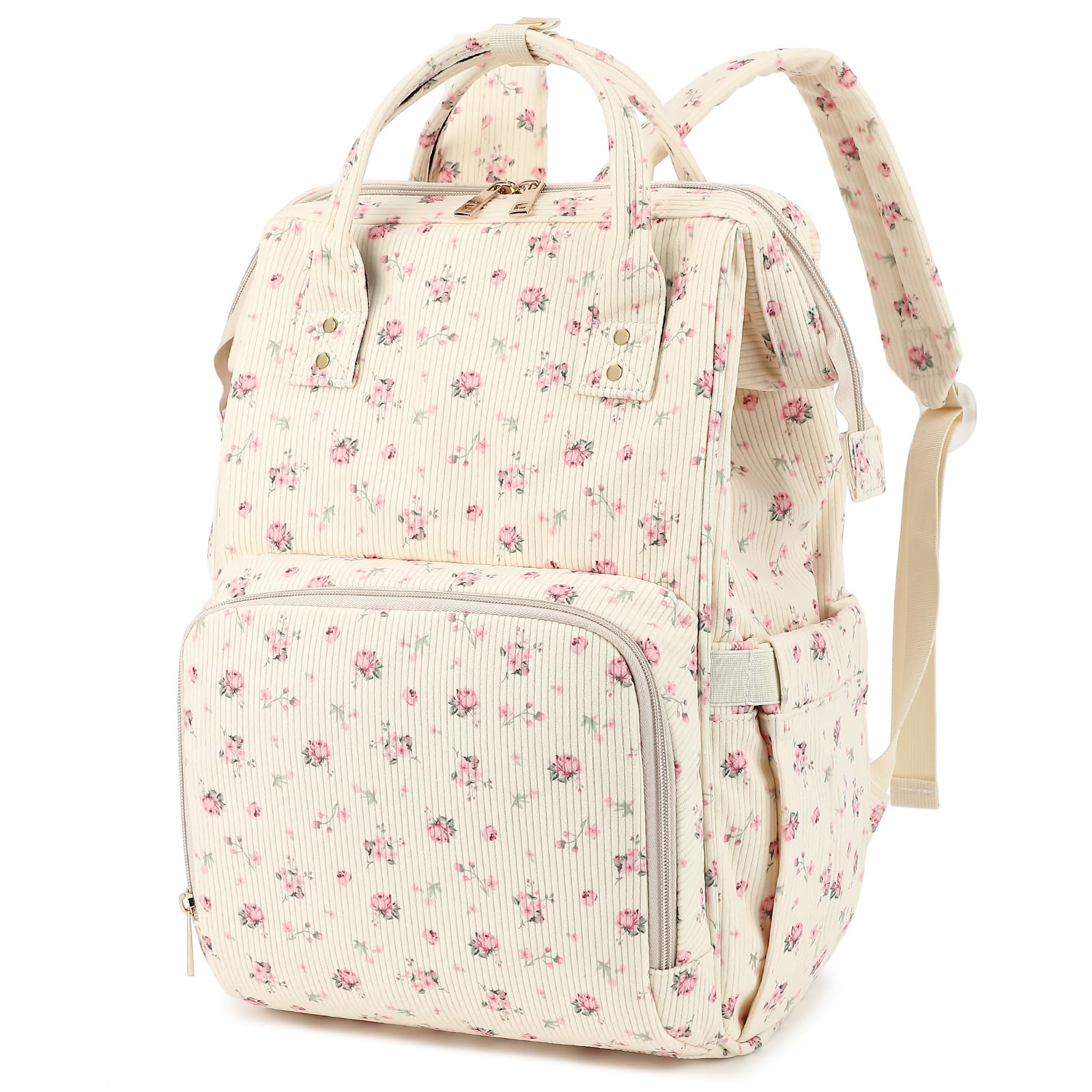 Yusudan Corduroy Diaper Bag Backpack for Baby Girls Boys, Women Large Nappy Bags for Mom (Beige Corduroy Flowers Pink)