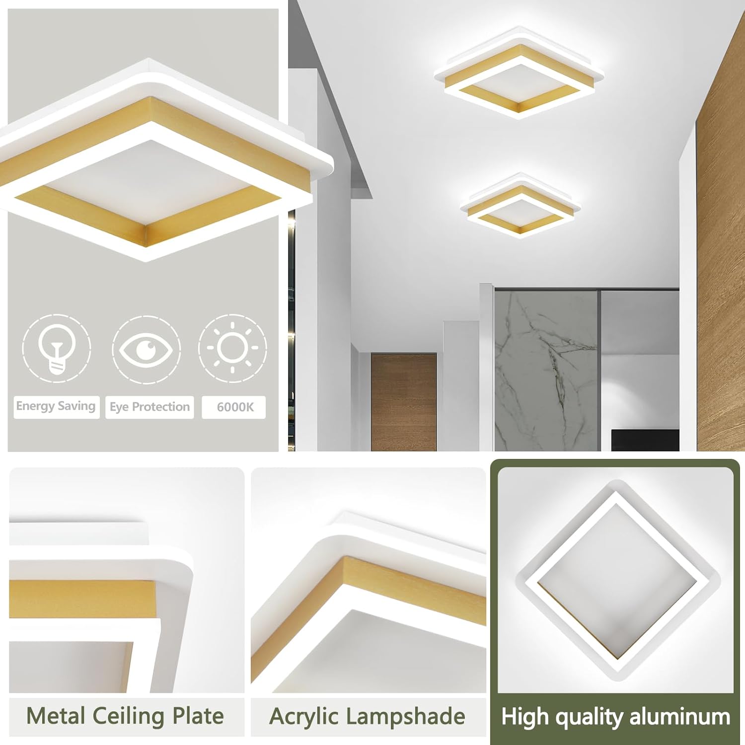 CANEOE Square Flush Mount Ceiling Light 24W Modern Led Hallway Ceiling Light Fixtures Gold Close to Ceilings Lamp for Bedroom Bathroom Living Room Laundry Kitchen