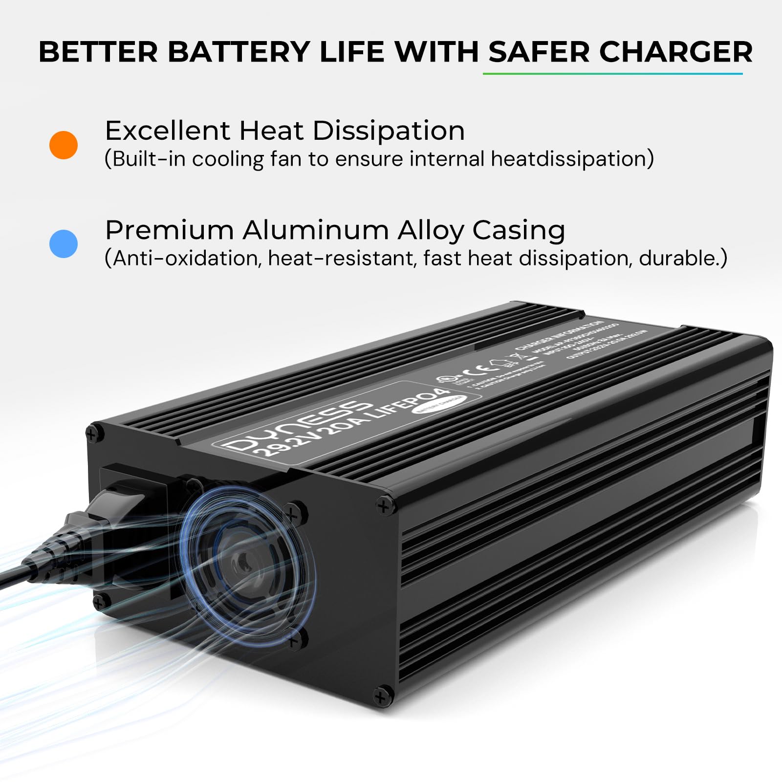 Dyness Caricabatterie 29,2 V 20 A LiFePO4, Caricabatterie Automatico Intelligente a 3 Livelli per Batterie al Litio LiFePO4 Adatto per Batterie al Litio da 24 V (25,6 V) con Protezione Completa