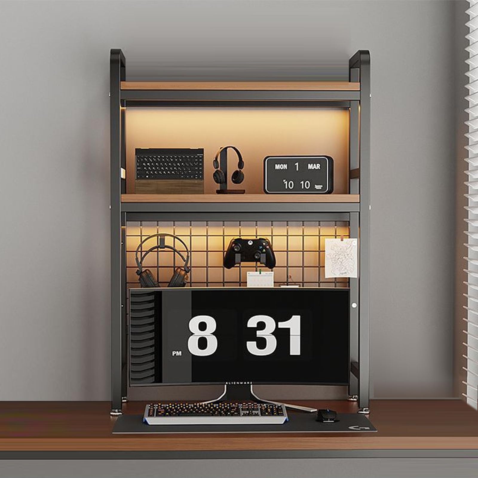CWCQGH 2-Tier Desktop Bookshelf with Grid Panel - Multipurpose Desk for Dorm Room, Home Office, Countertop Organization & Display Shelf for Supplies,Black-55cm/21.7in