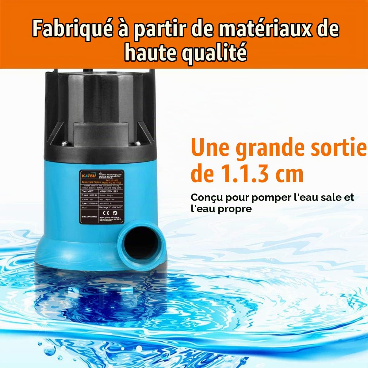 Katsu Pompe submersible portable 400 W pour eau propre et sale pour bassin de jardin, piscines et fossés + interrupteur à flotteur
