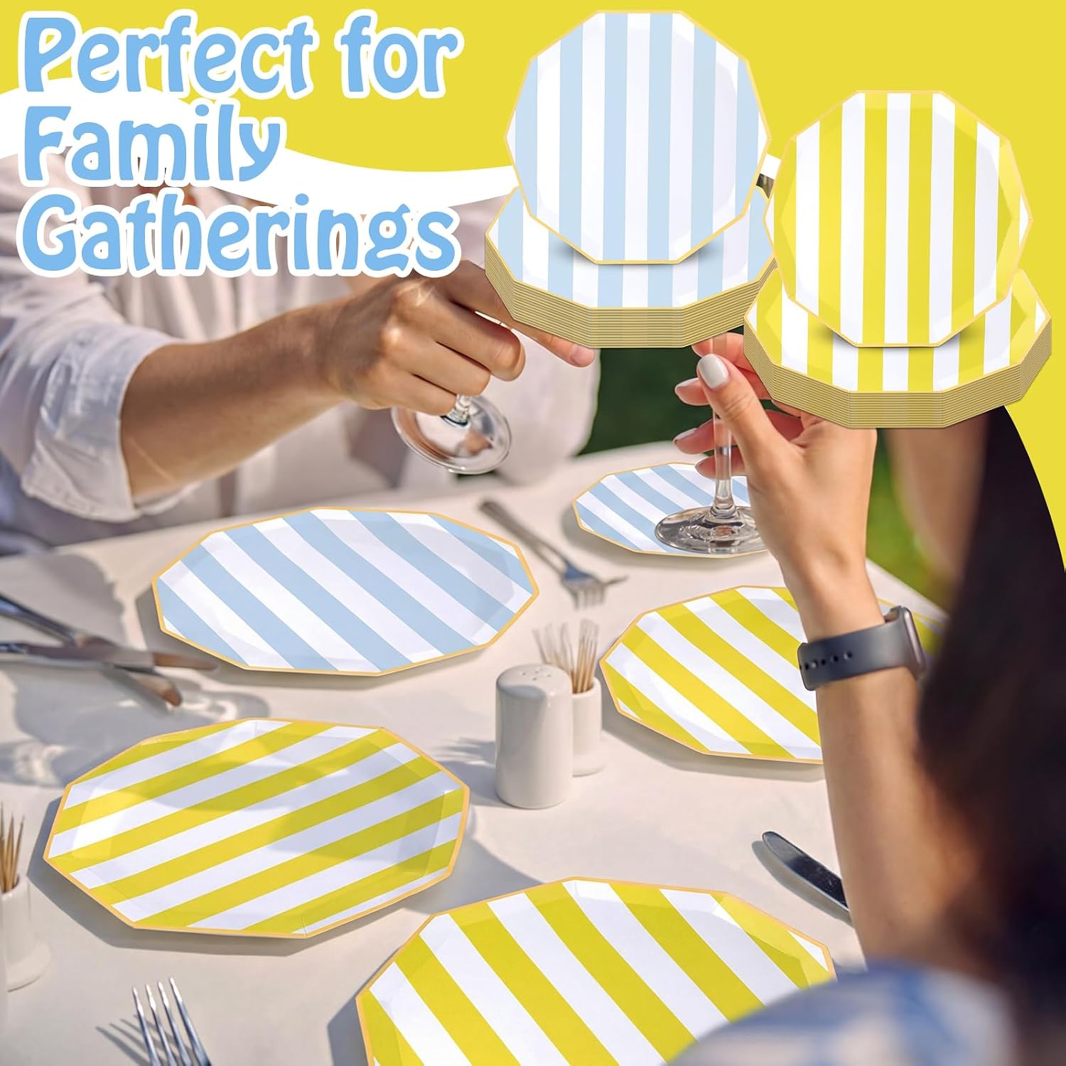 Maxdot 60 Pcs Yellow and Blue Cabana Stripe Plates Lemon Yellow Blue Striped Paper Plate Disposable Party Plate with Gold Rim Wavy Edge for Bachlorette Summer Hawaiian Bridal Shower Party Supplies