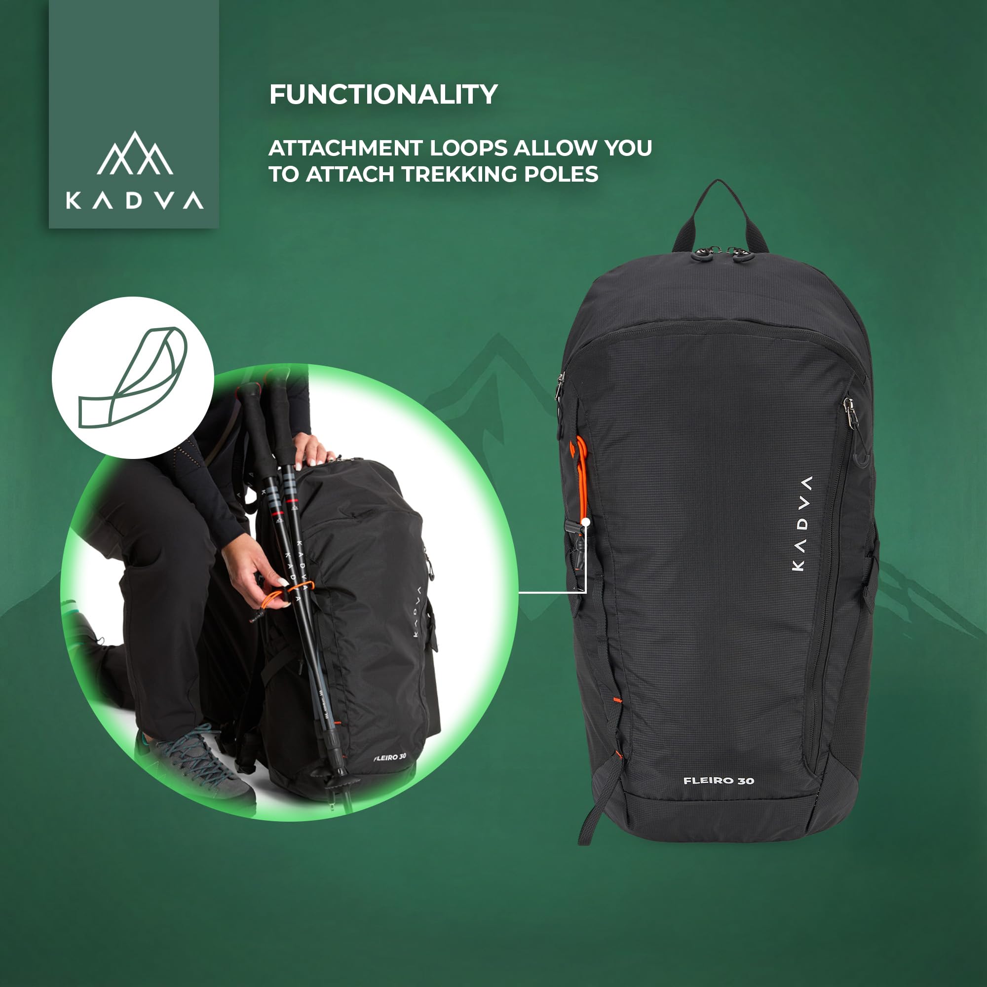KADVA Fleiro 30L Mochila de Senderismo con Portaequipajes, Funda para Lluvia, Compresión, Bolsillos, Cinturón de Cadera, Organizador, Trekking y Montañas.