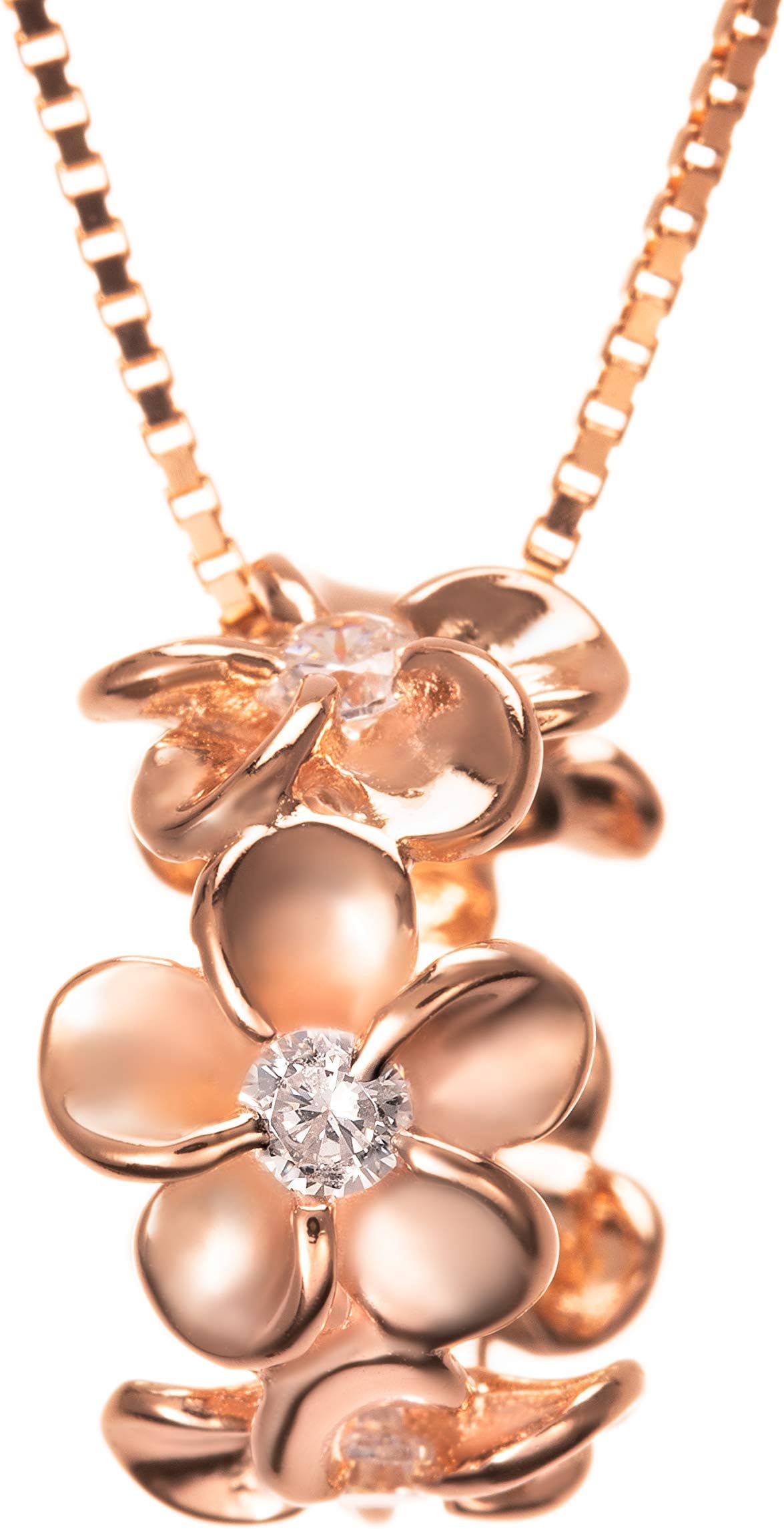 925 Sterling 14K Gold Plated Silver Cubic Zirconia Hawaiian Plumeria Flower Lei Barrel Necklace Pendant with 18" Box Chain, Nickle Free Hypoallergenic for Sensitive Skin, Gift Box Included, s, Cubic