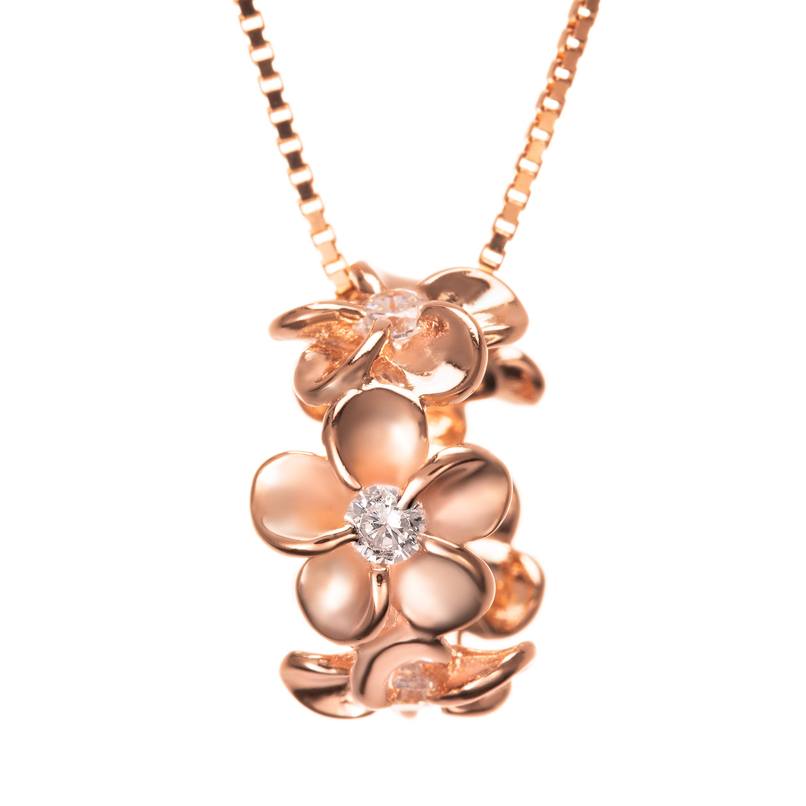 925 Sterling 14K Gold Plated Silver Cubic Zirconia Hawaiian Plumeria Flower Lei Barrel Necklace Pendant with 18" Box Chain, Nickle Free Hypoallergenic for Sensitive Skin, Gift Box Included, s, Cubic